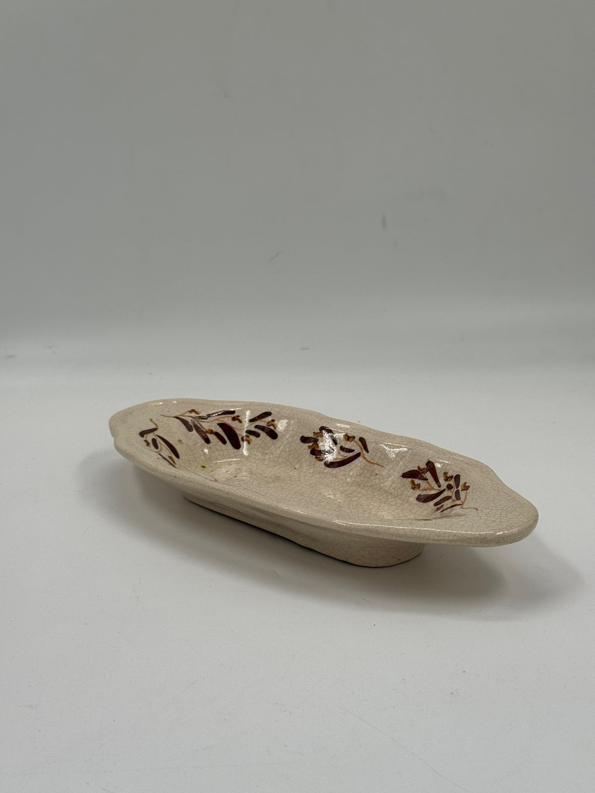 Vintage Hand-Painted Crackle Glaze Ceramic Oval Catchall Dish
