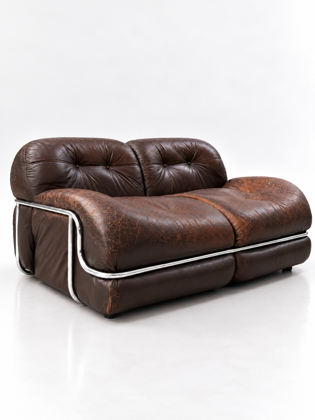 Brown Leather & Chrome Sofa, 1970s