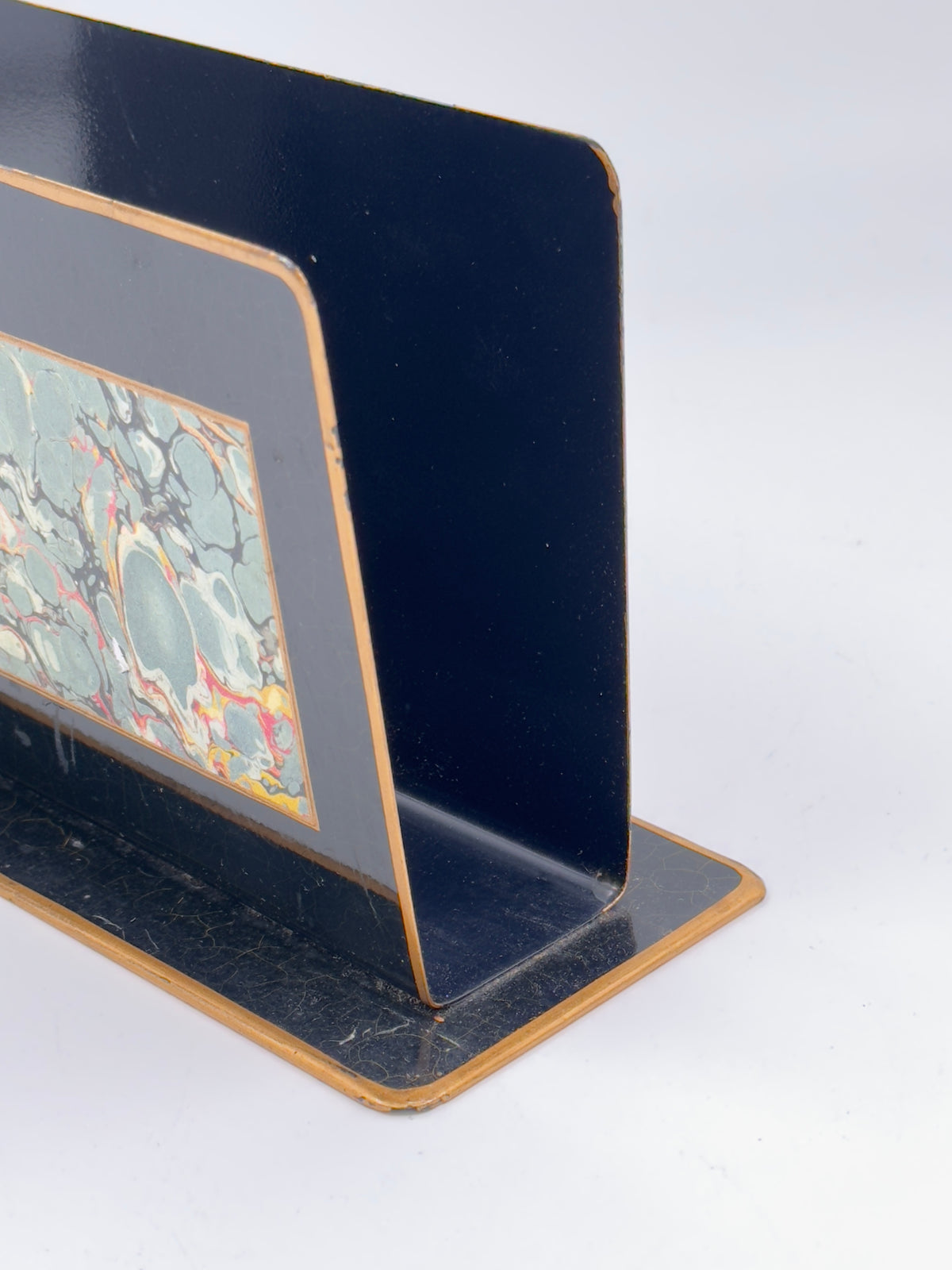 Vintage Black Lacquer Tole Letter Rack with Marbled Paper Panel