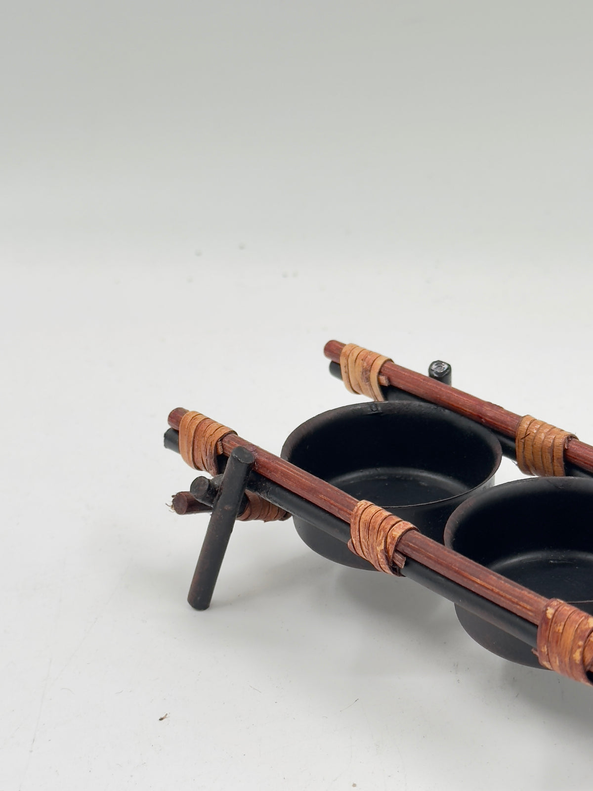 Vintage Rattan-Wrapped Wood Condiment Caddy with Three Metal Bowls