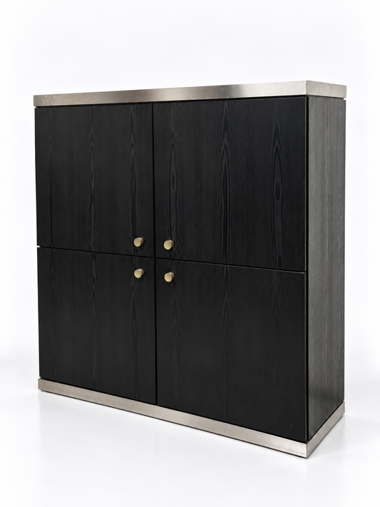 Black Ash & Steel Bar Cabinet, 1970s