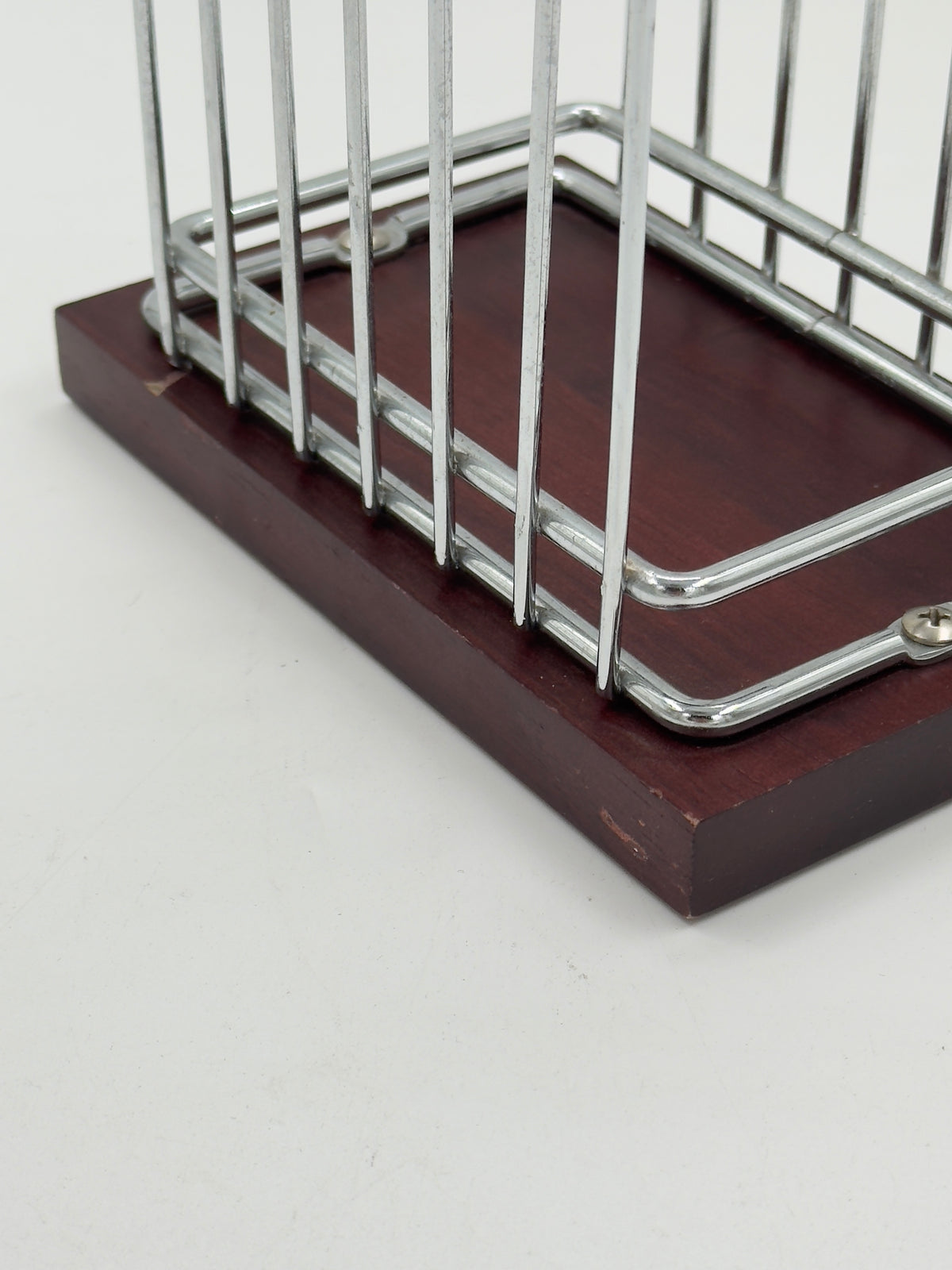 Vintage Chrome Wire Letter Rack on Wood Base
