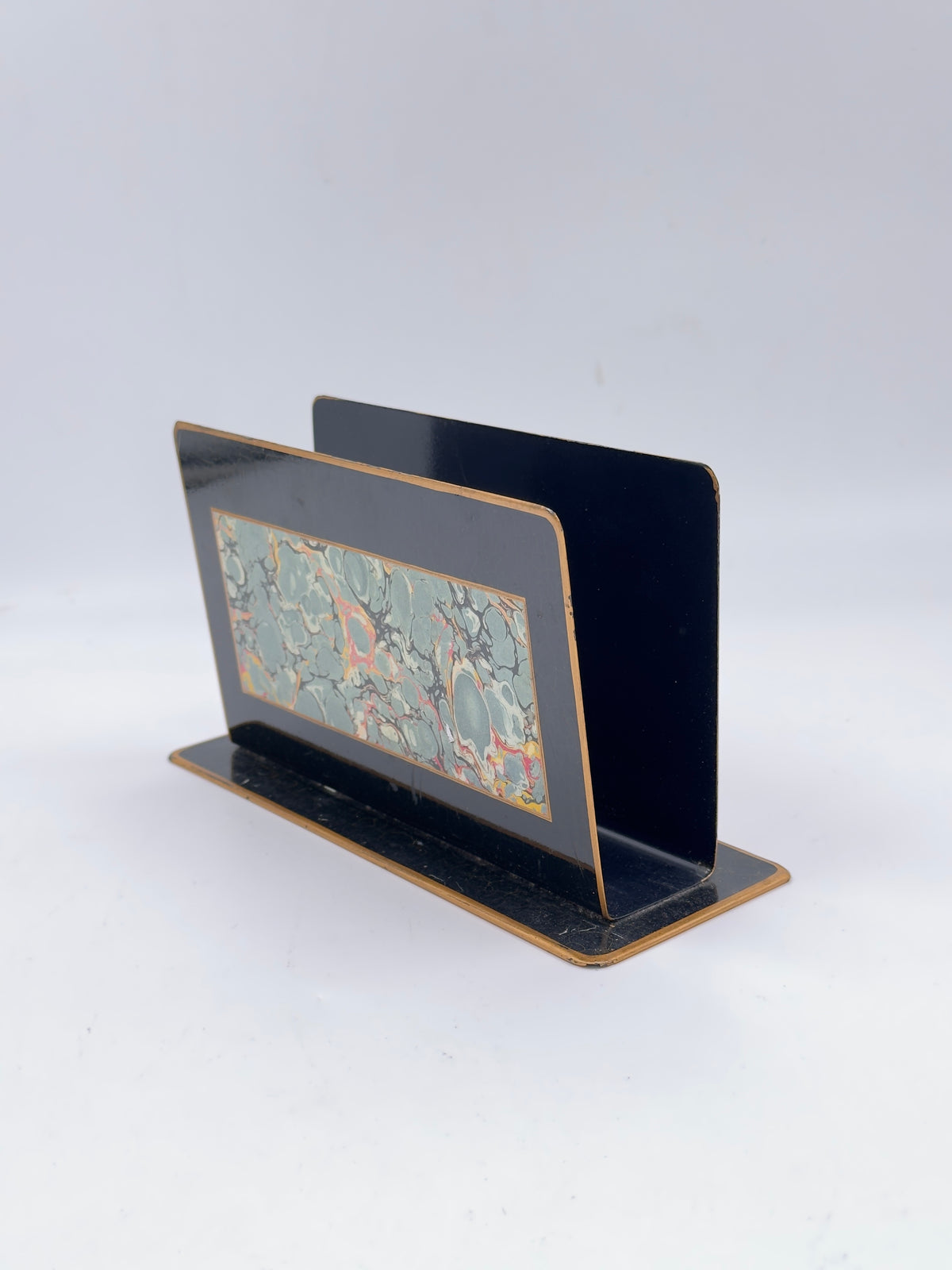 Vintage Black Lacquer Tole Letter Rack with Marbled Paper Panel