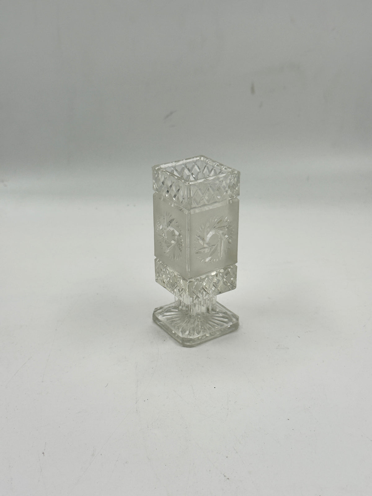 Vintage Cut and Frosted Glass Footed Vase