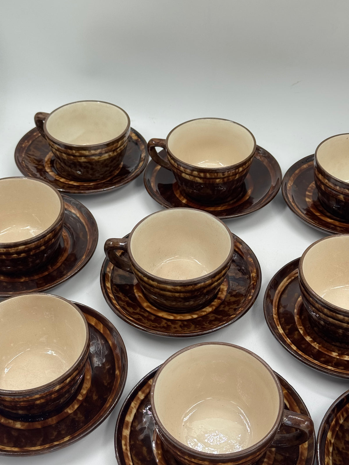 Set of 11 Vintage Ceramic Cups & Saucers, Drip Glaze