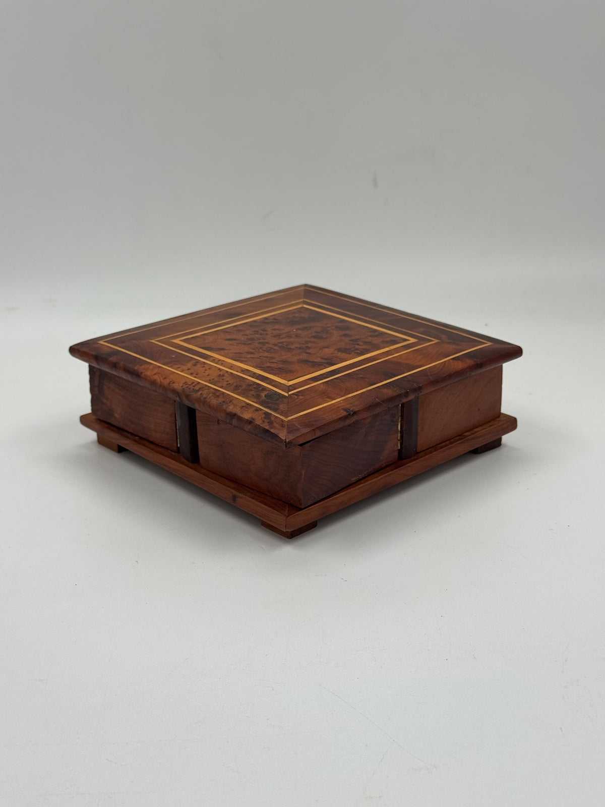 Vintage Marquetry Wood Trinket Box, Rotating Top with 4 Drawers