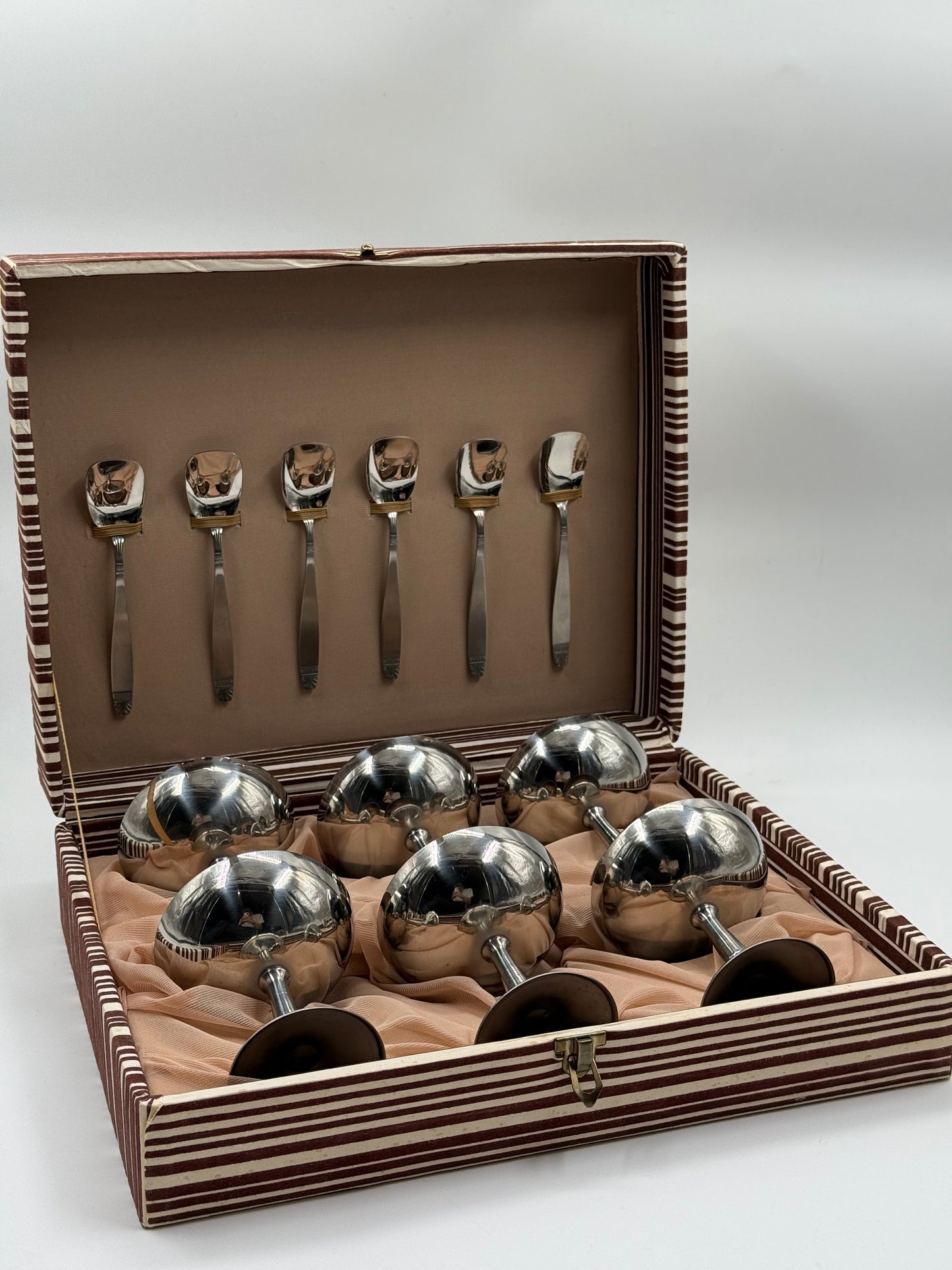 Set of Six Stainless Steel Dessert Coupes With Matching Spoons