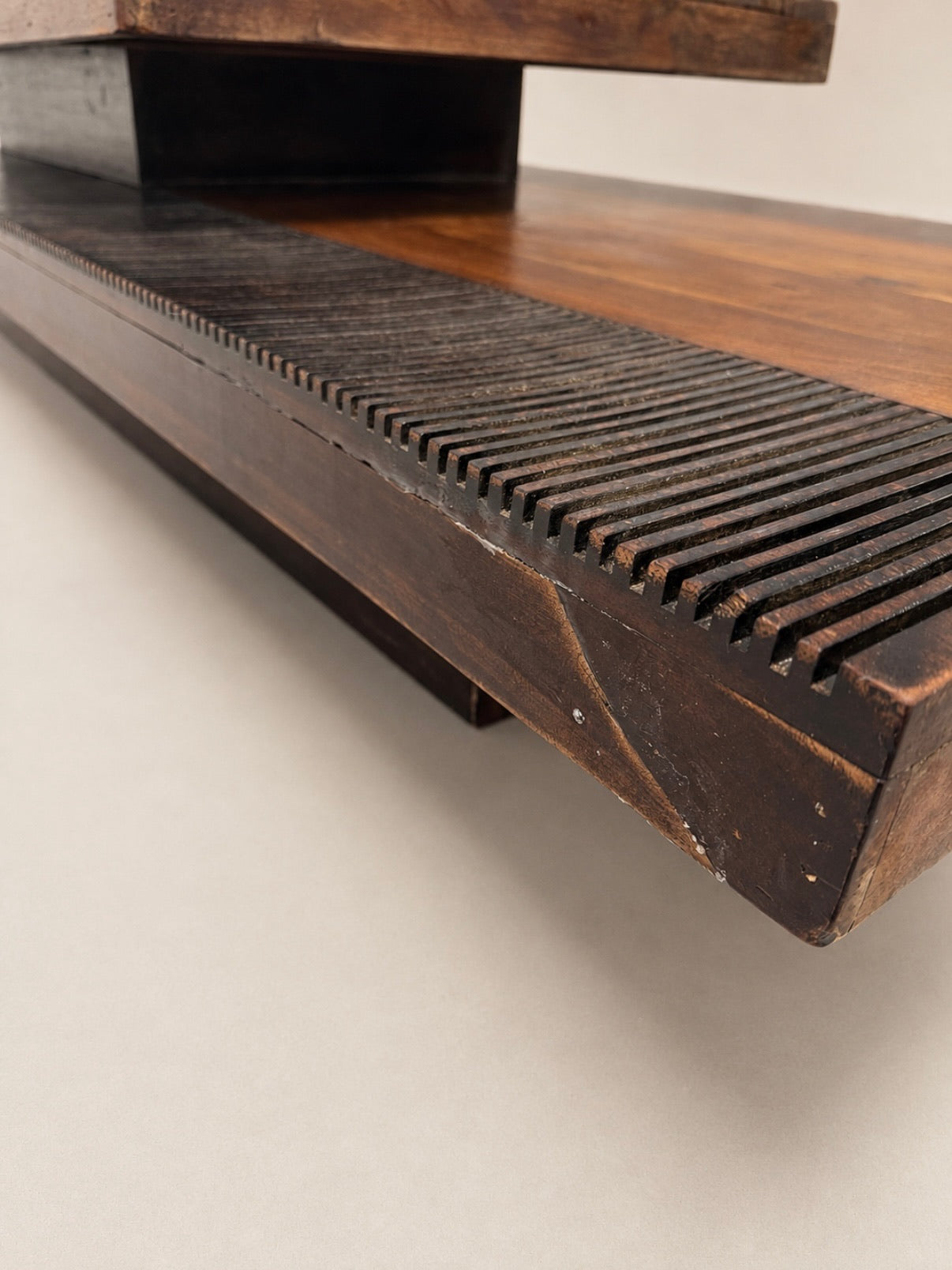 Sculptural Two-Tier Wood Coffee Table with Fluted Base