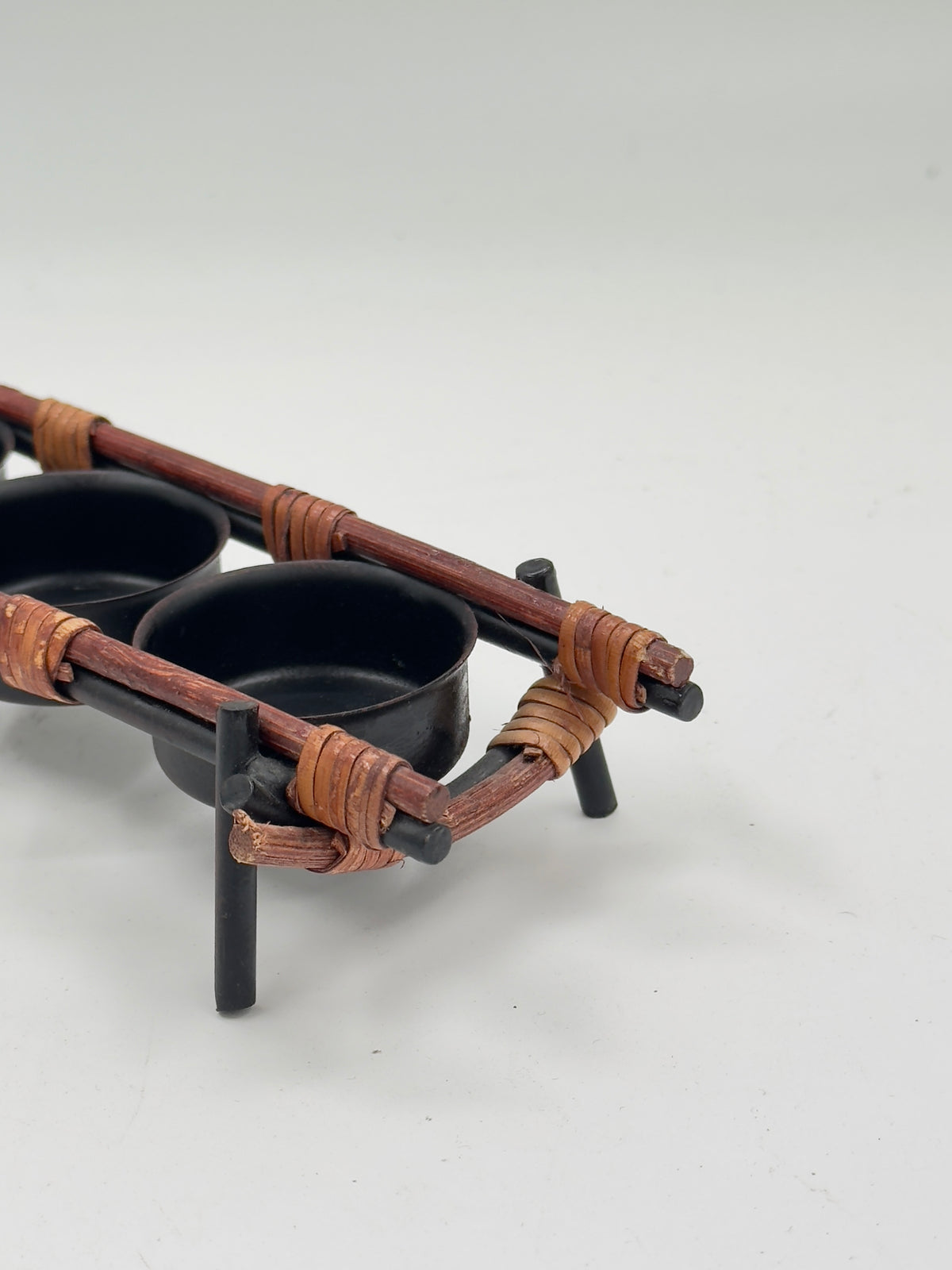 Vintage Rattan-Wrapped Wood Condiment Caddy with Three Metal Bowls