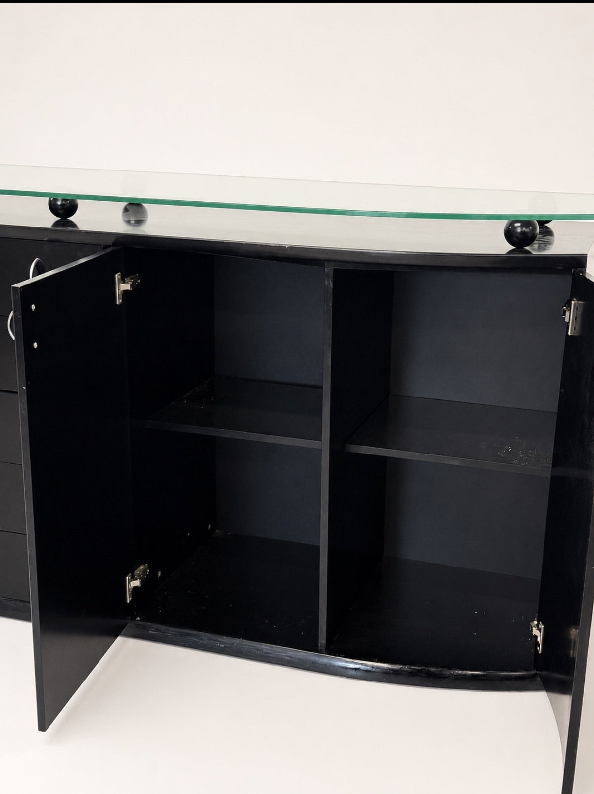 Postmodern Black Lacquer Sideboard with Raised Glass Top on Ball Feet