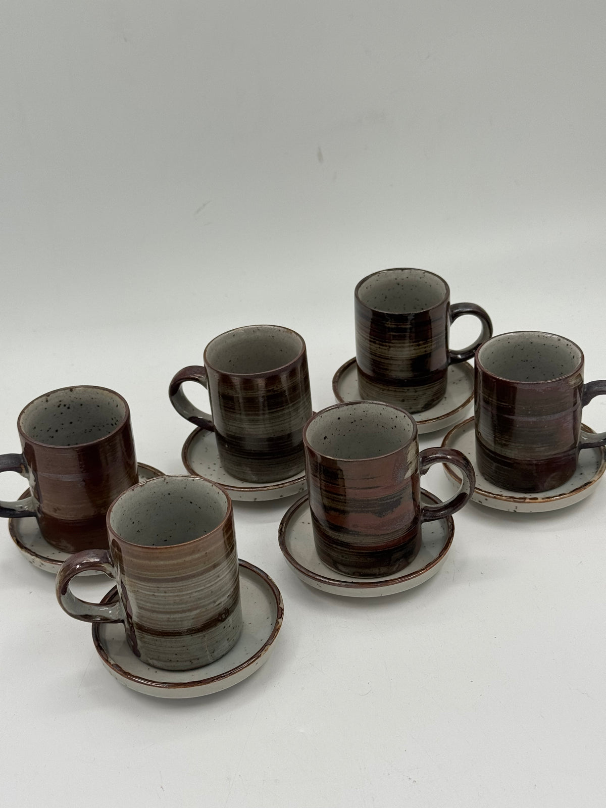 Set of 6 Vintage Handmade Stoneware Cups & Saucers