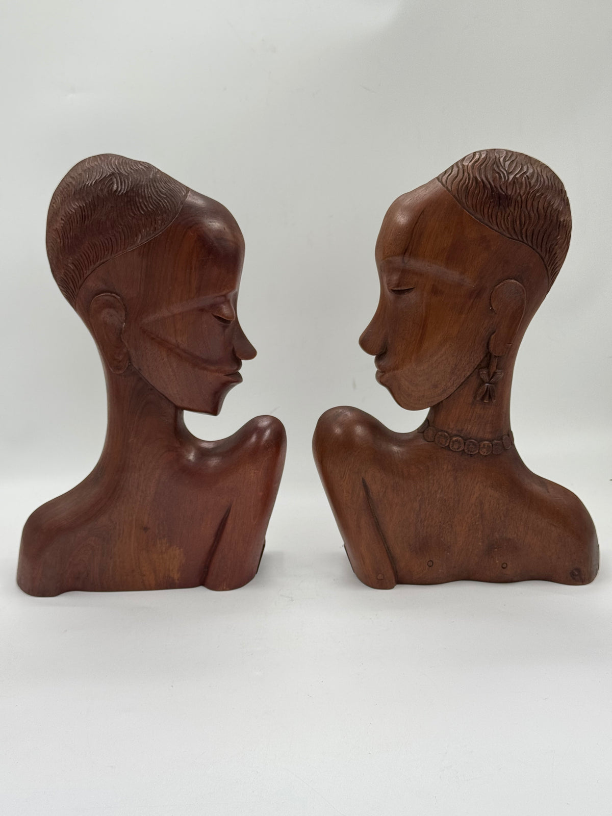 Pair of Vintage Carved Wood African-Style Bust Sculptures