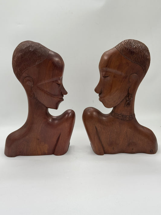 Carved Wood Bust Sculptures, Pair