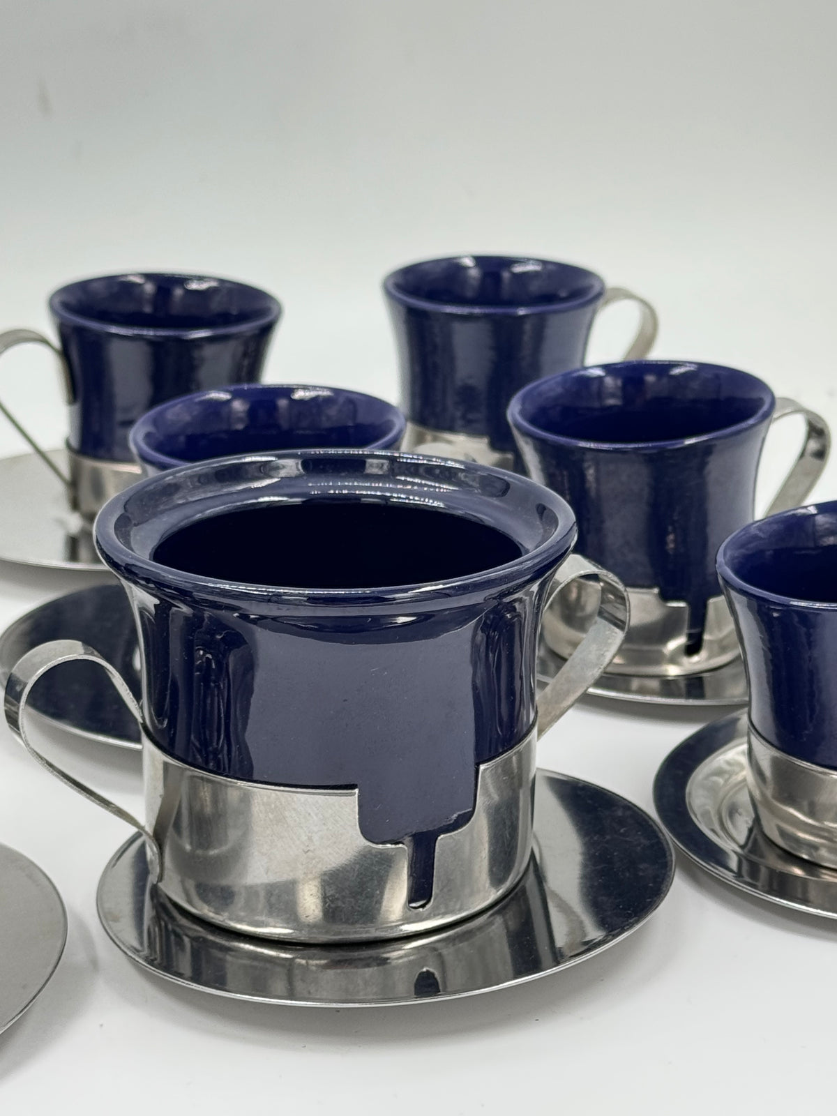 Set of 11 Vintage Cobalt Blue Cups & Saucers with Jug, Steel Holders