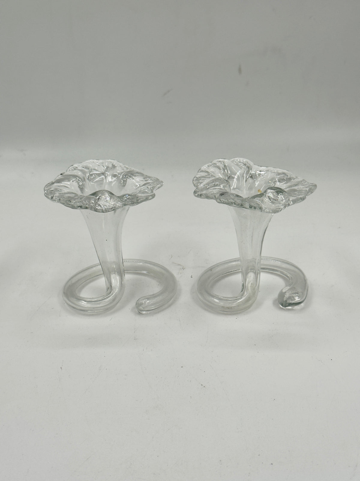 Pair of Vintage Glass Trumpet Bud Vases, Curled Serpentine Base