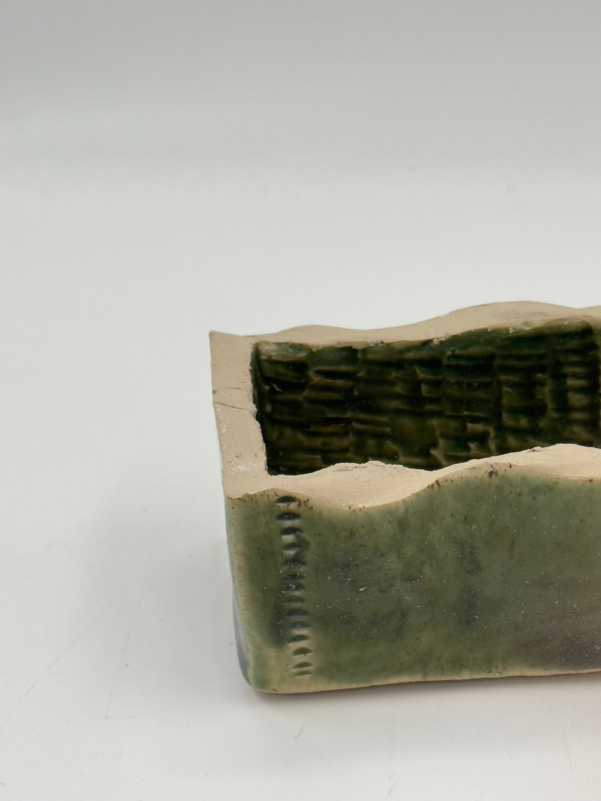 Signed Studio Pottery Rectangular Vessel with Basketweave Interior