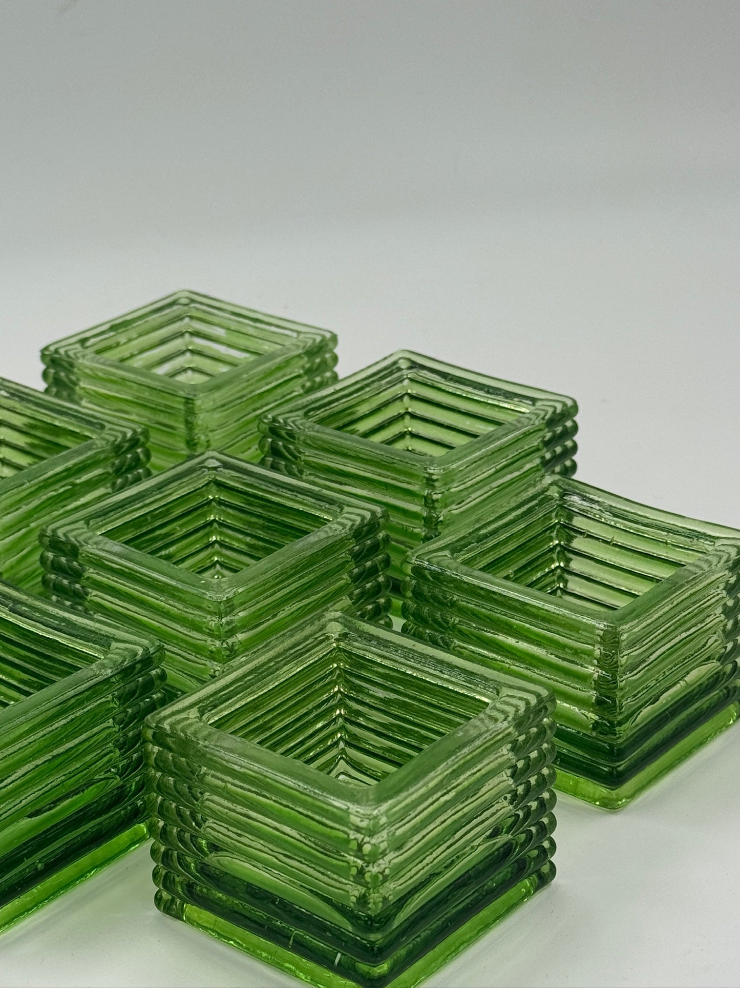 Set of 8 Vintage Green Pressed Glass Candle Holders