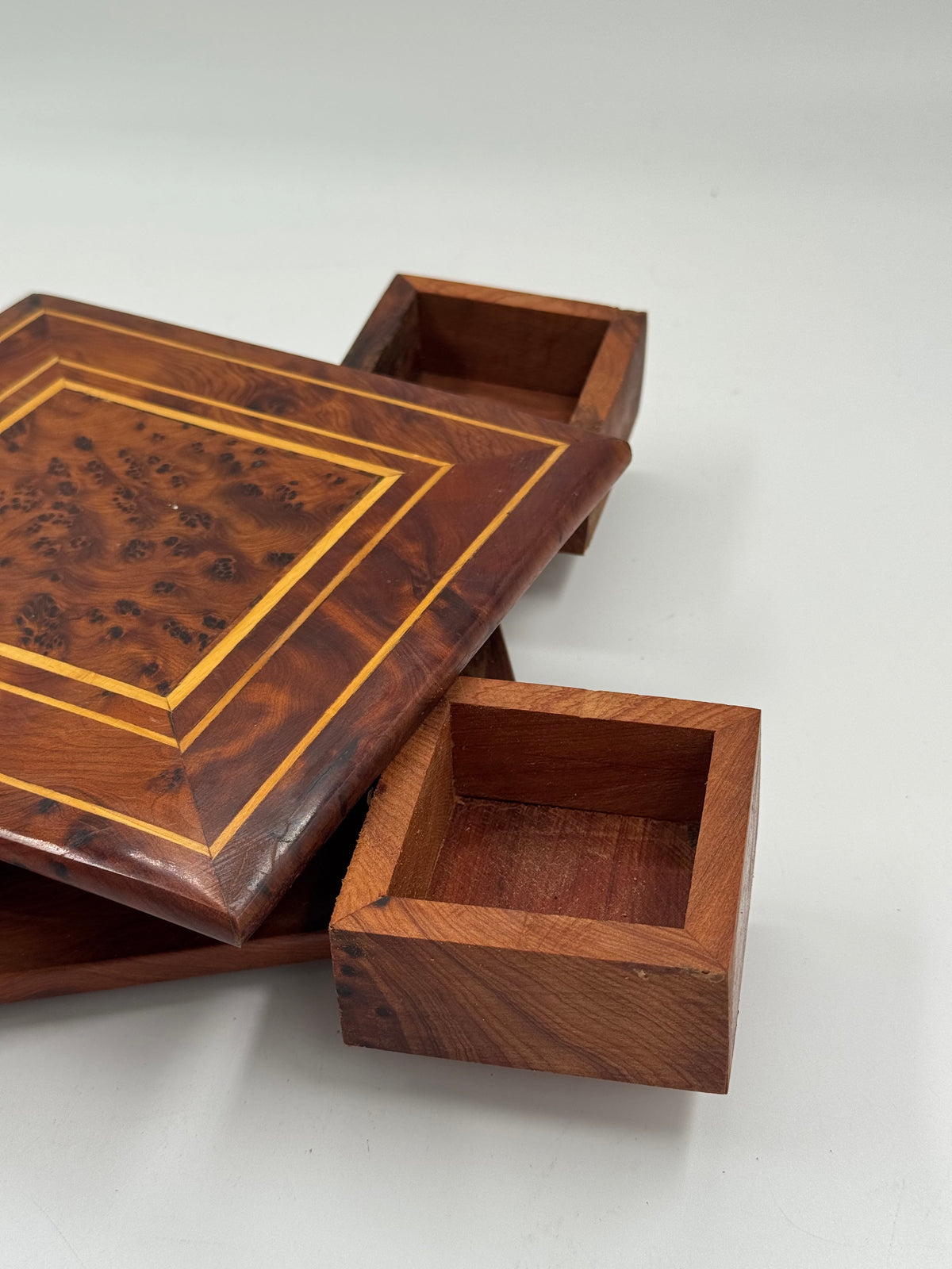 Vintage Marquetry Wood Trinket Box, Rotating Top with 4 Drawers