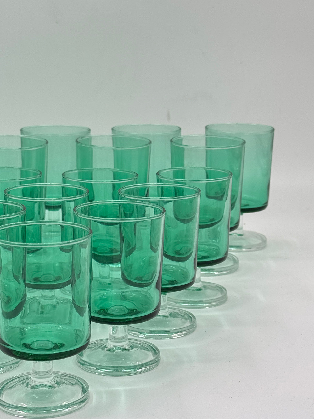 Set of 19 Vintage Green Glass Footed Tumblers, Two Sizes