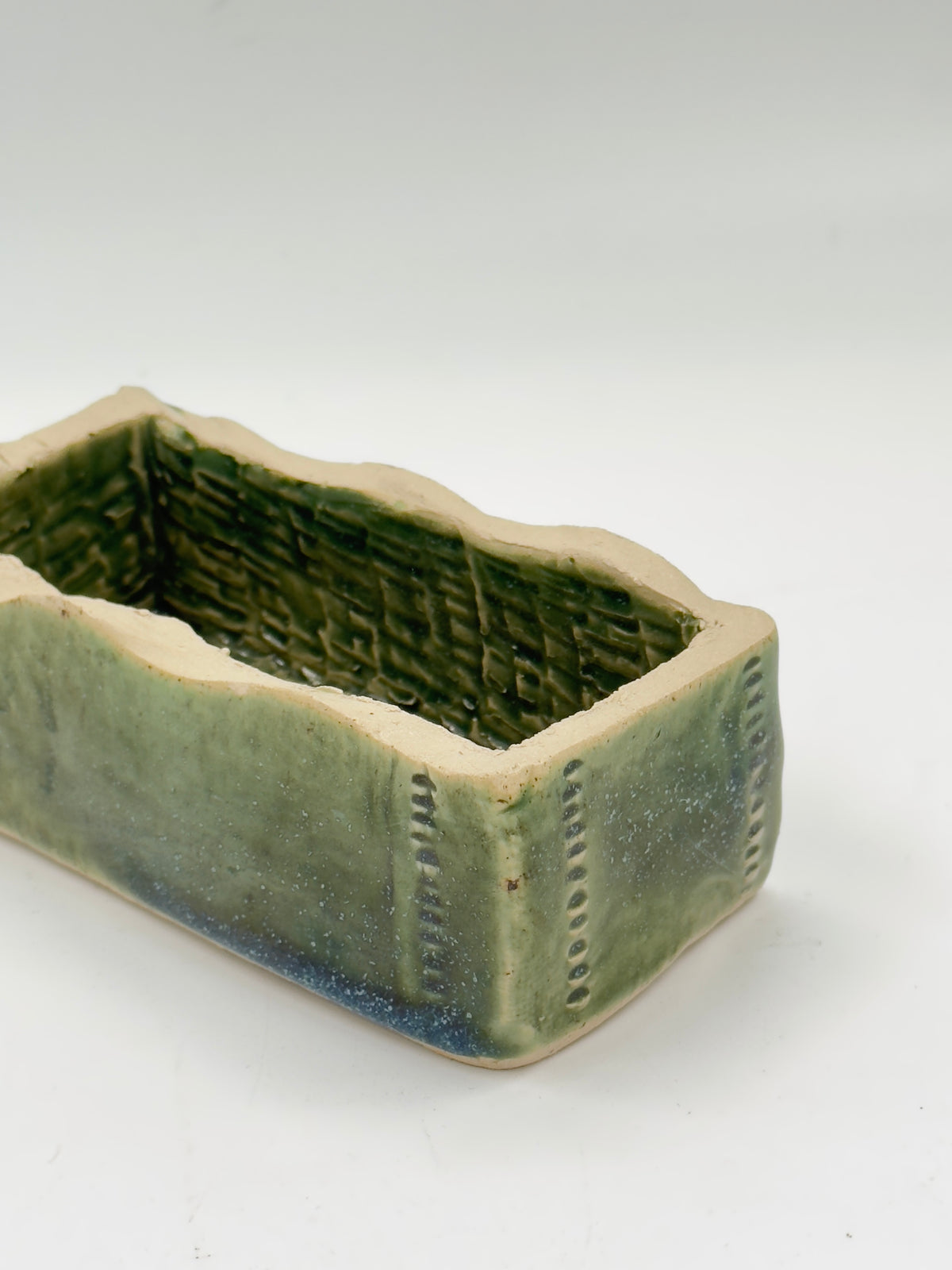 Signed Studio Pottery Rectangular Vessel with Basketweave Interior