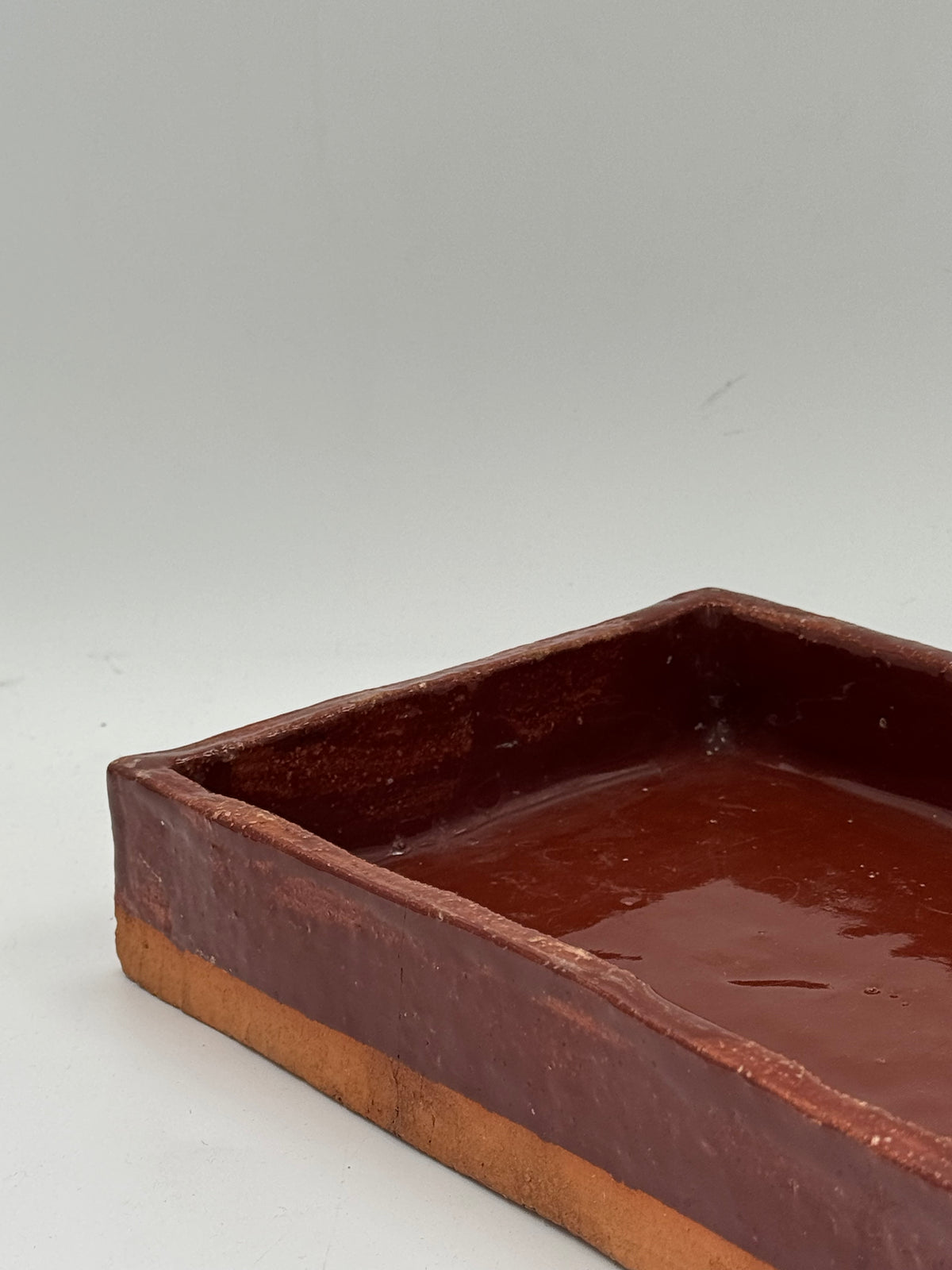 Vintage Chestnut-Glazed Terracotta Tray with Handles