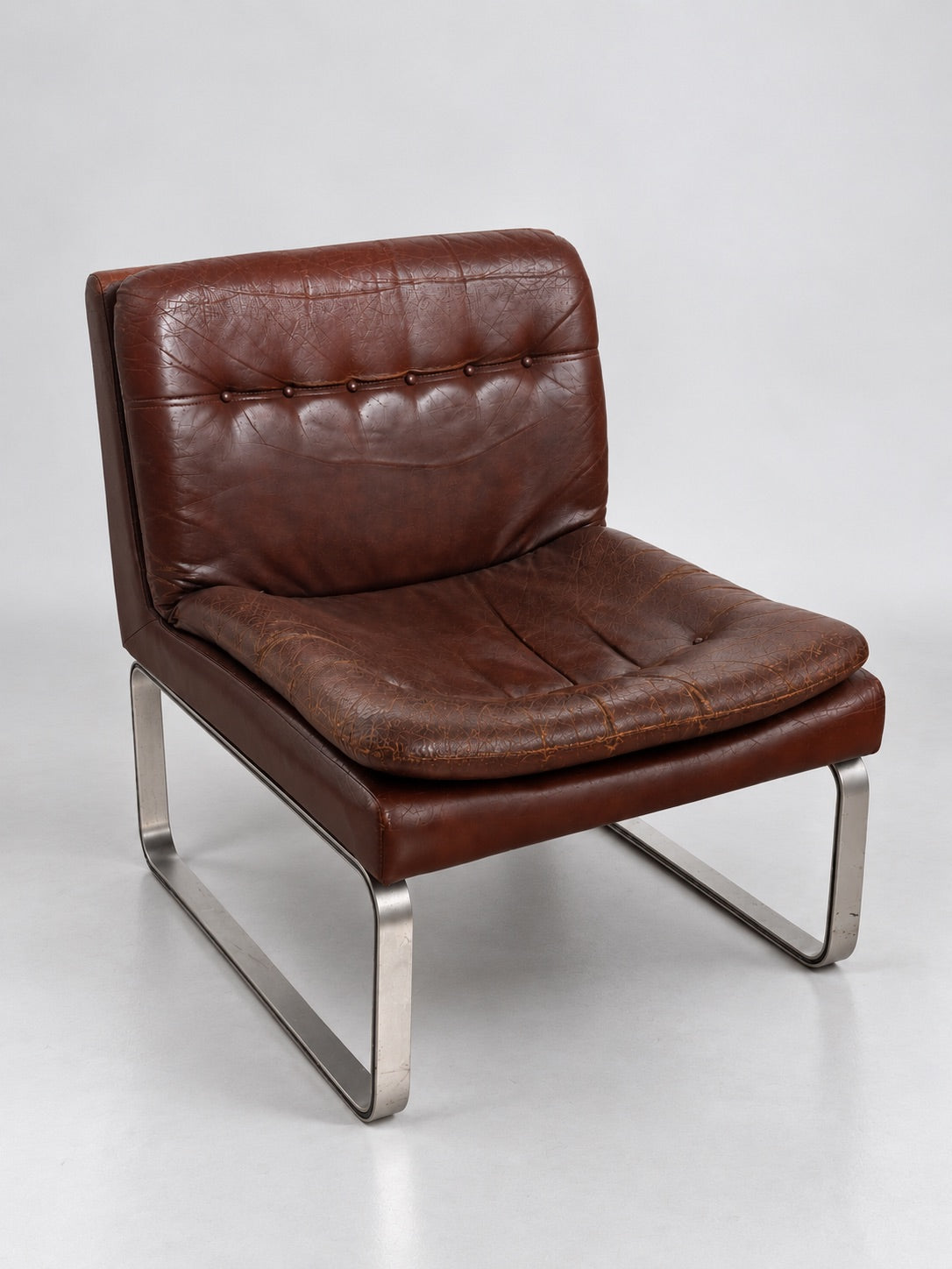 Vintage Design Lounge Chair, Brown Leather & Brushed Steel