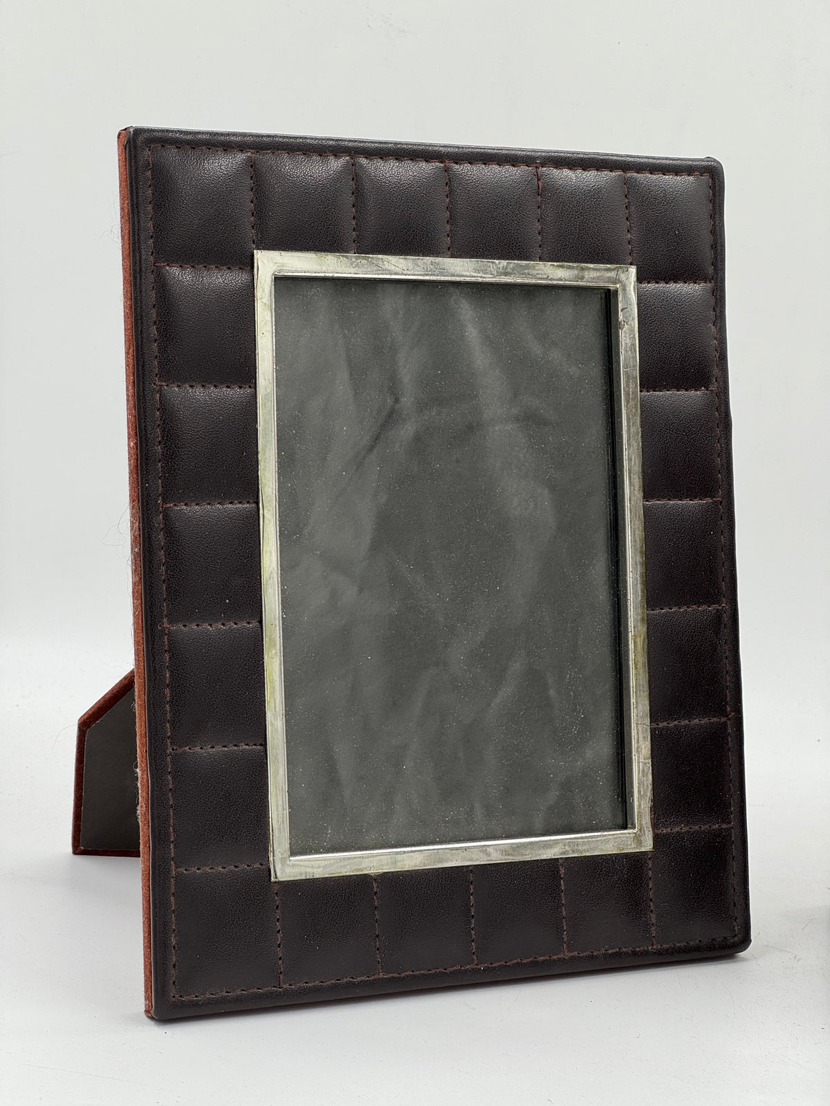 Pair of Quilted Brown Leather Photo Frames with Silver-Tone Bezels