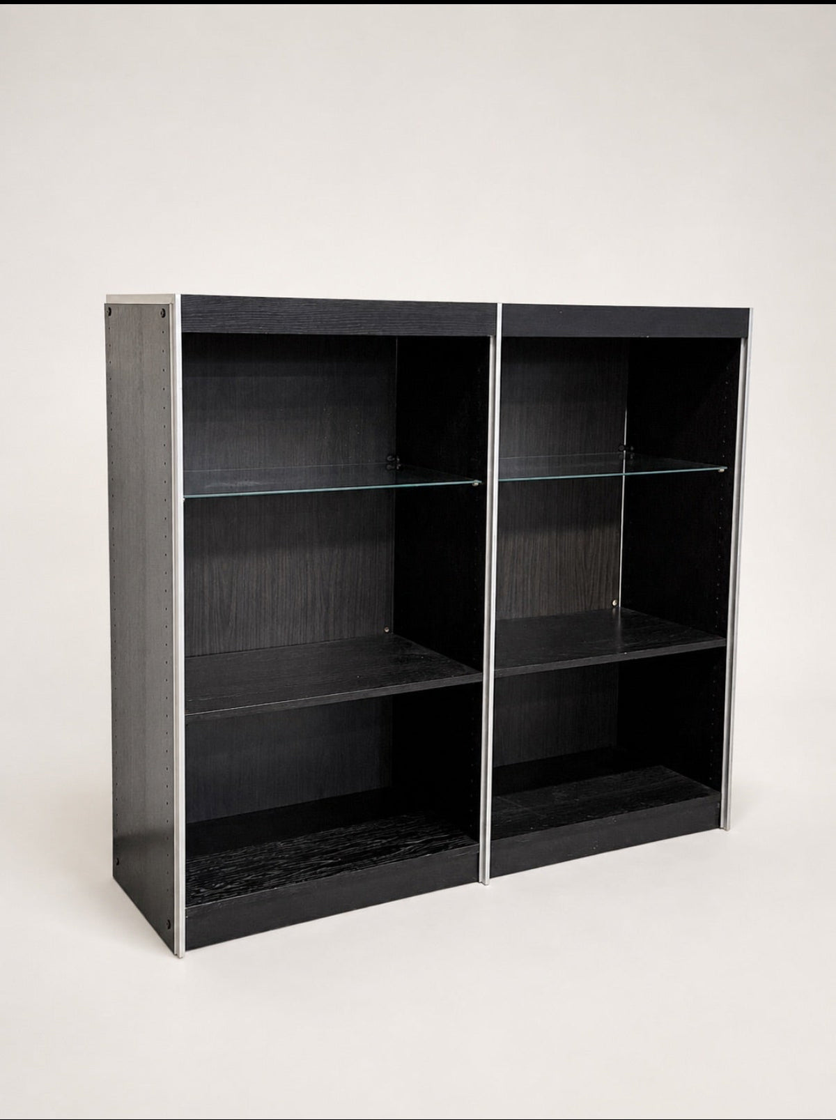 Vintage Black Wood Double Bookcase with Aluminum Trim and Glass Shelves