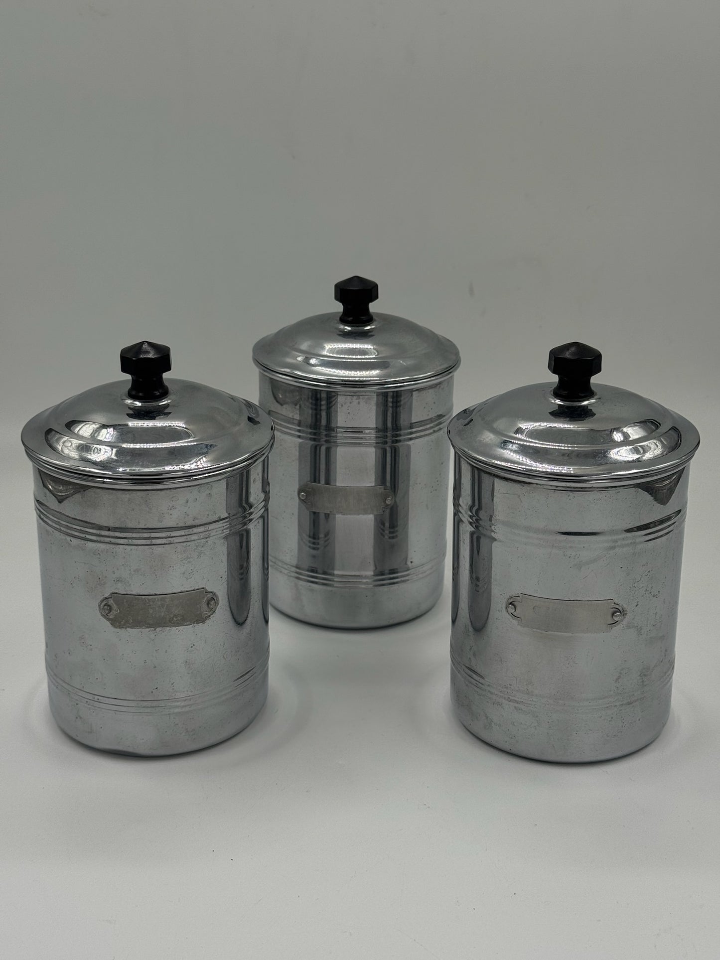 Set of 3 Vintage Chrome Kitchen Canisters with Lids