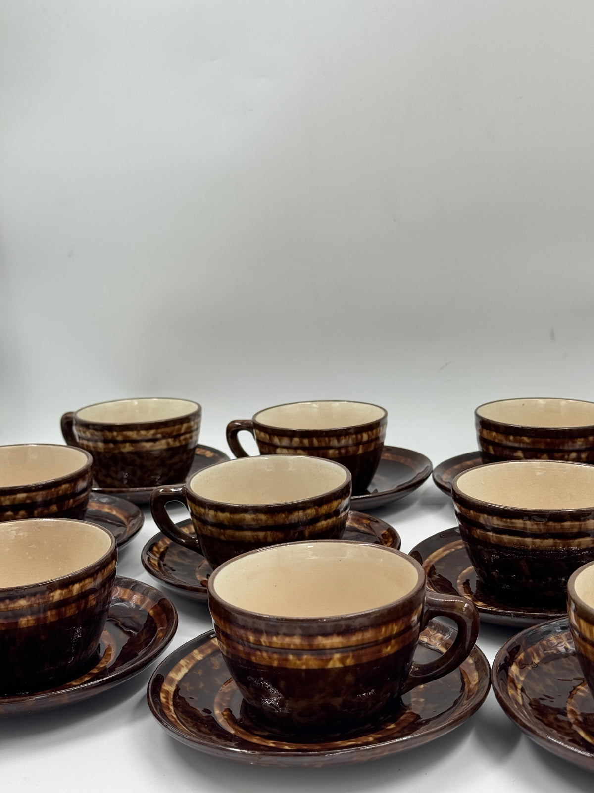 Set of 11 Vintage Ceramic Cups & Saucers, Drip Glaze