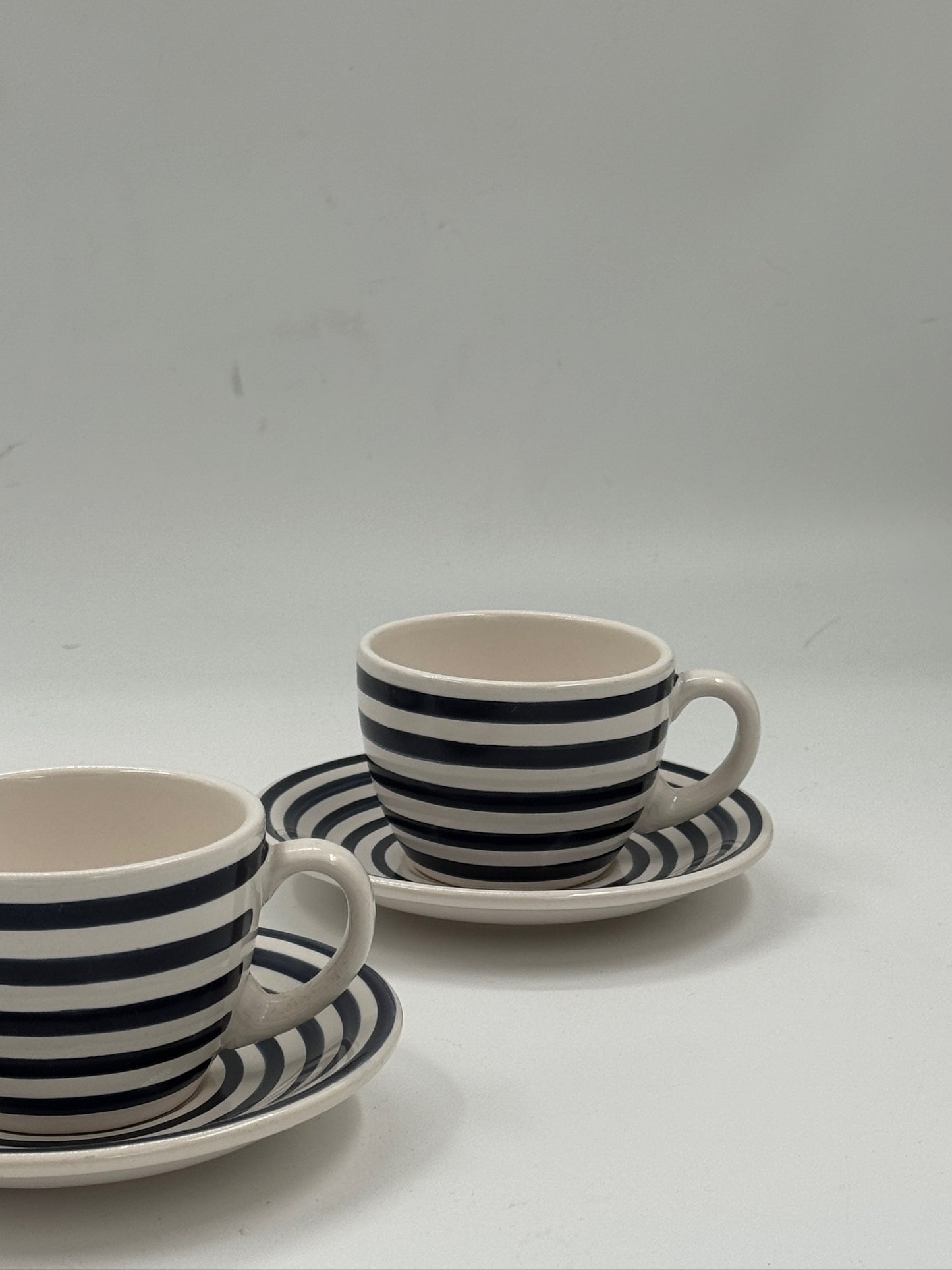Vintage Hand-Painted Navy Striped Ceramic Espresso Cups & Saucers, Set of 3