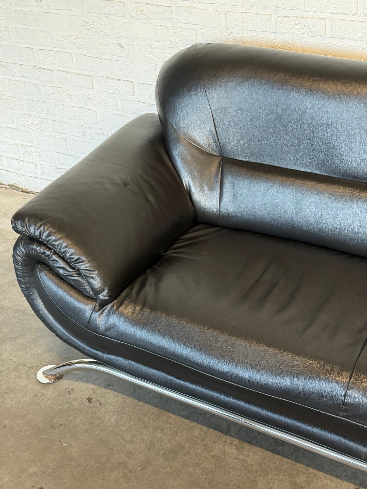 Vintage Italian Three-Seat Sofa in Black Leather & Chrome