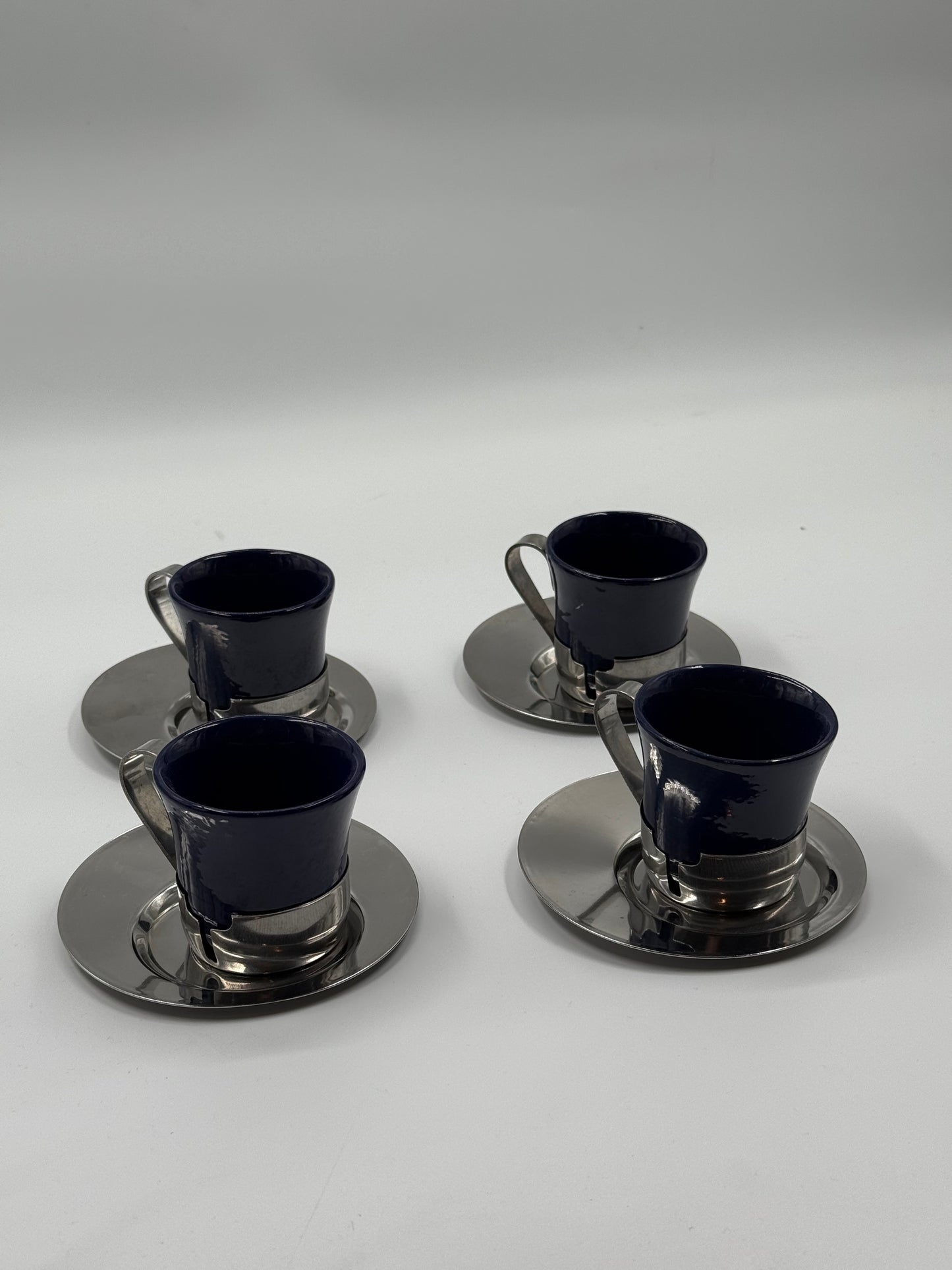 vintage Set of 4 Espresso Cups with Chrome Holders & Saucers Mid-Century Modern