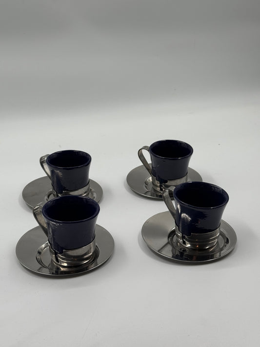 vintage Set of 4 Espresso Cups with Chrome Holders & Saucers Mid-Century Modern