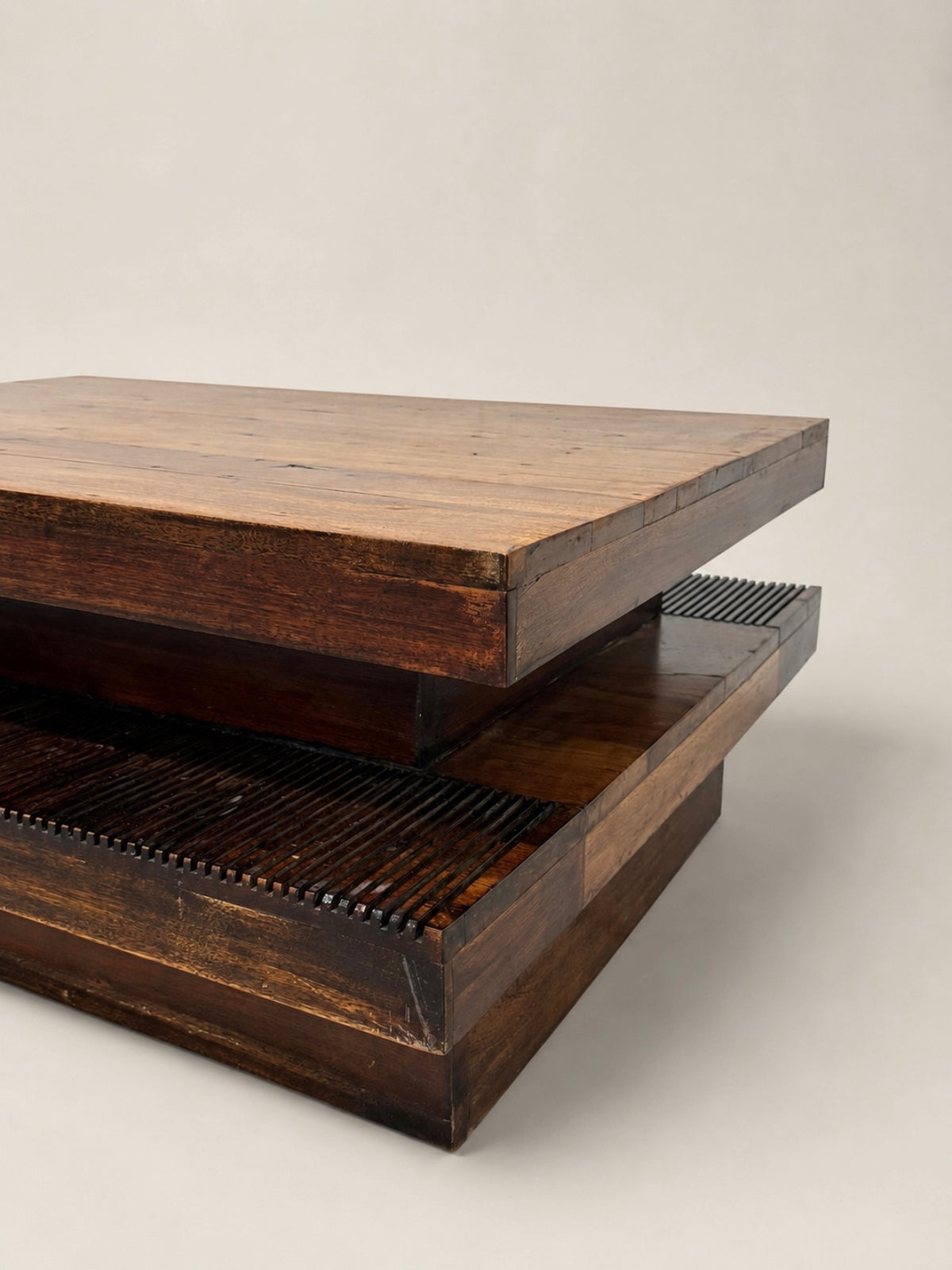 Sculptural Two-Tier Wood Coffee Table with Fluted Base