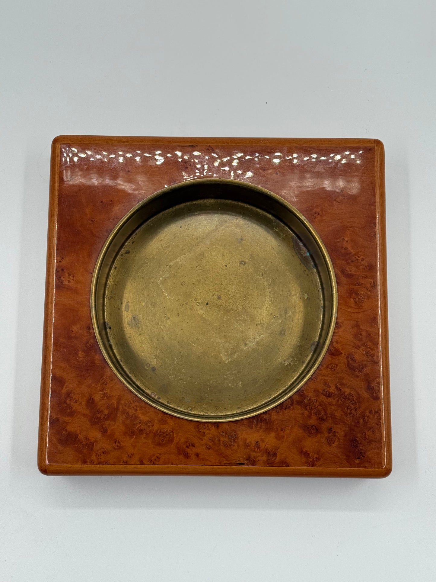 Burlwood style Ashtray & Lighter Set Vintage Brass Detail