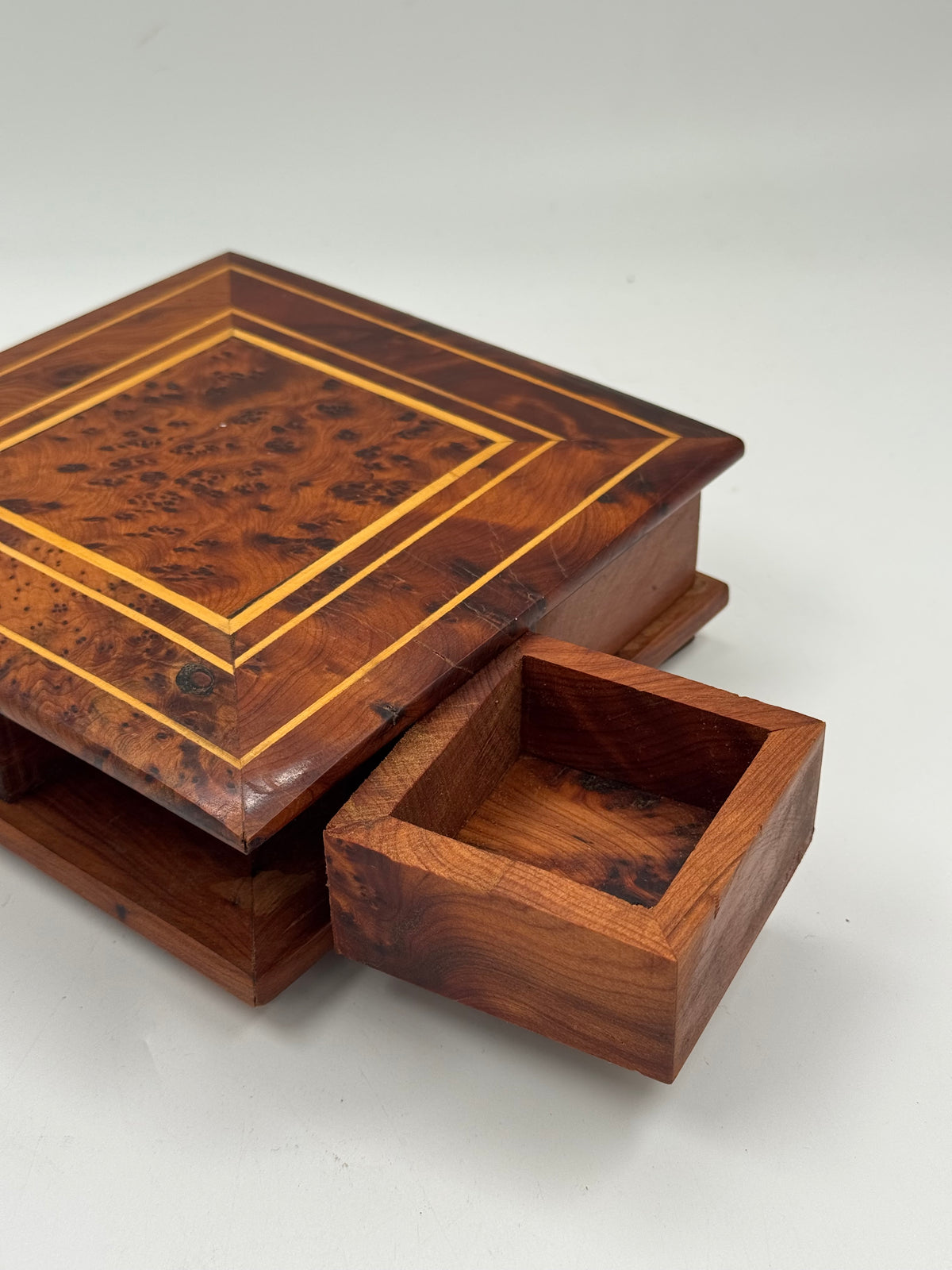 Vintage Marquetry Wood Trinket Box, Rotating Top with 4 Drawers