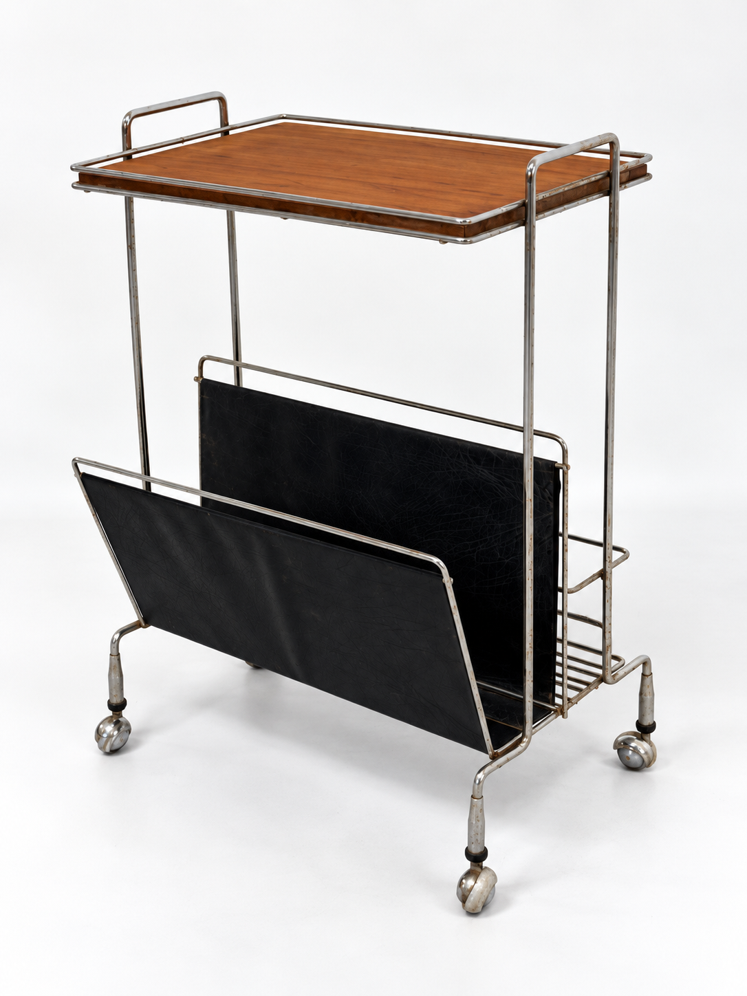 Mid-Century Chrome & Wood Bar Cart with Magazine Rack