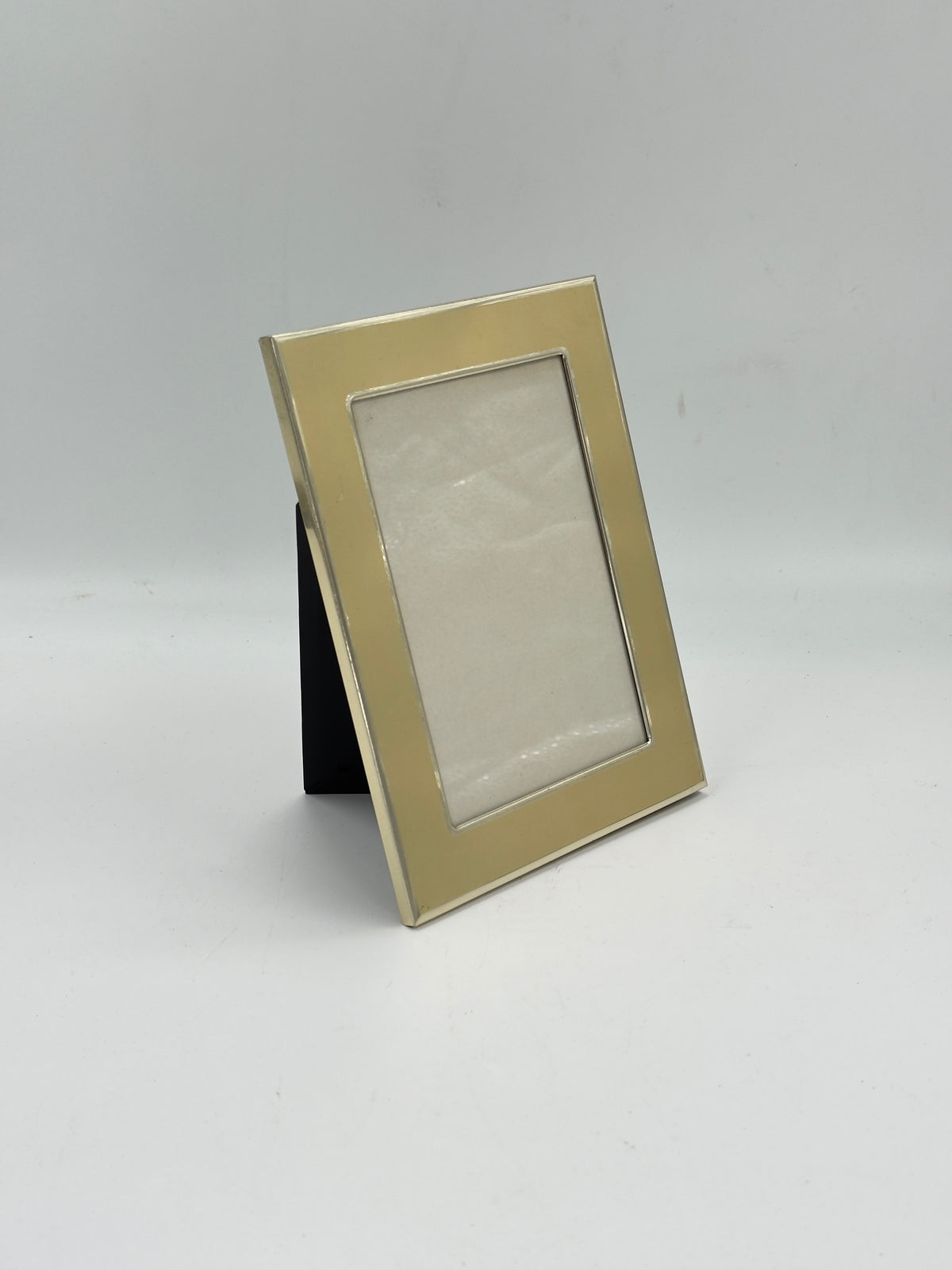 Vintage Beige Enamel Picture Frame with Silver-Tone Border