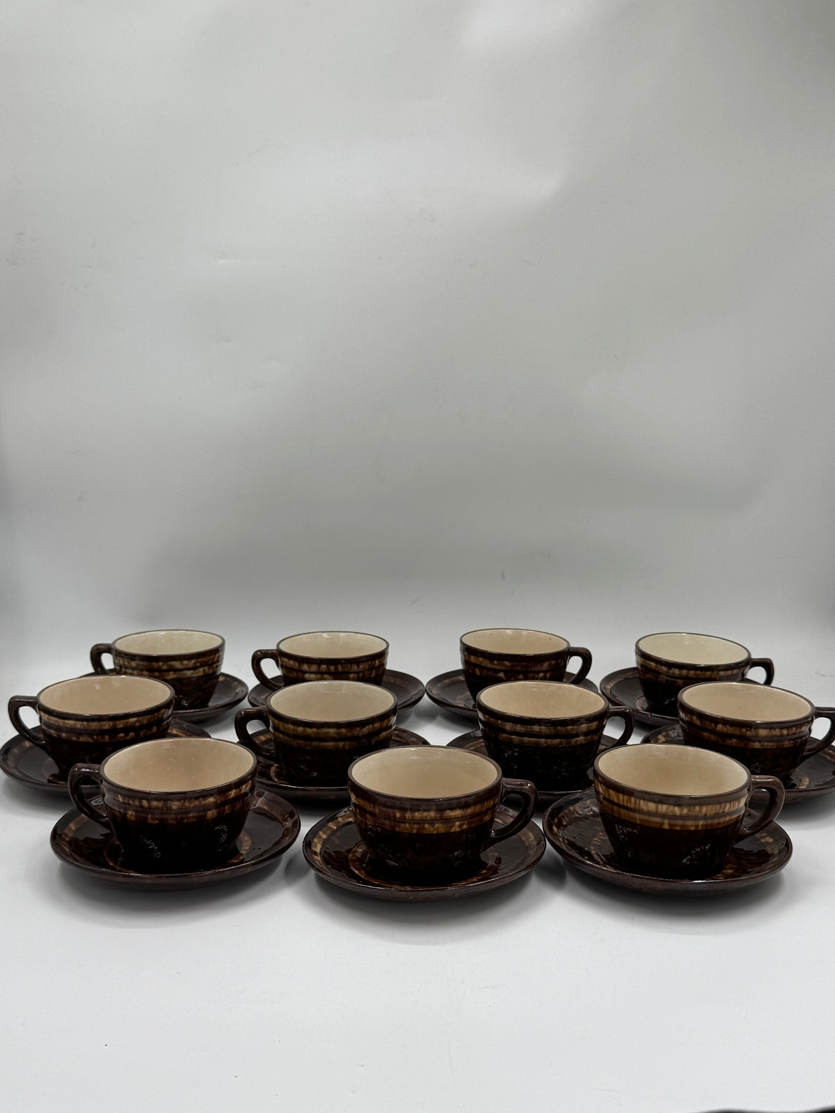 Set of 11 Vintage Ceramic Cups & Saucers, Drip Glaze