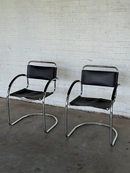 Vintage Cantilever Chairs in Black Saddle Leather & Chrome