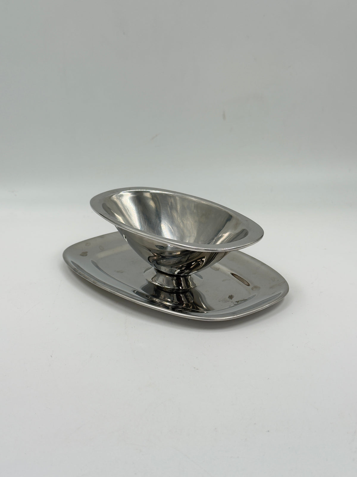 Vintage Stainless Steel Gravy Boat with Attached Oval Tray