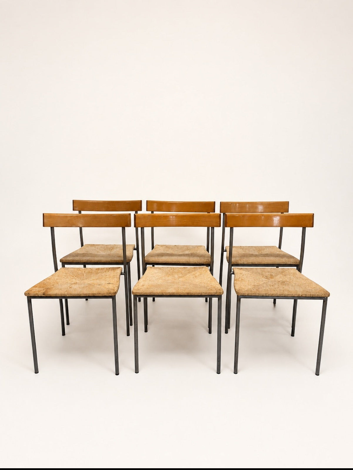 Set of 6 Vintage Wood and Rush Dining Chairs with Black Metal Legs