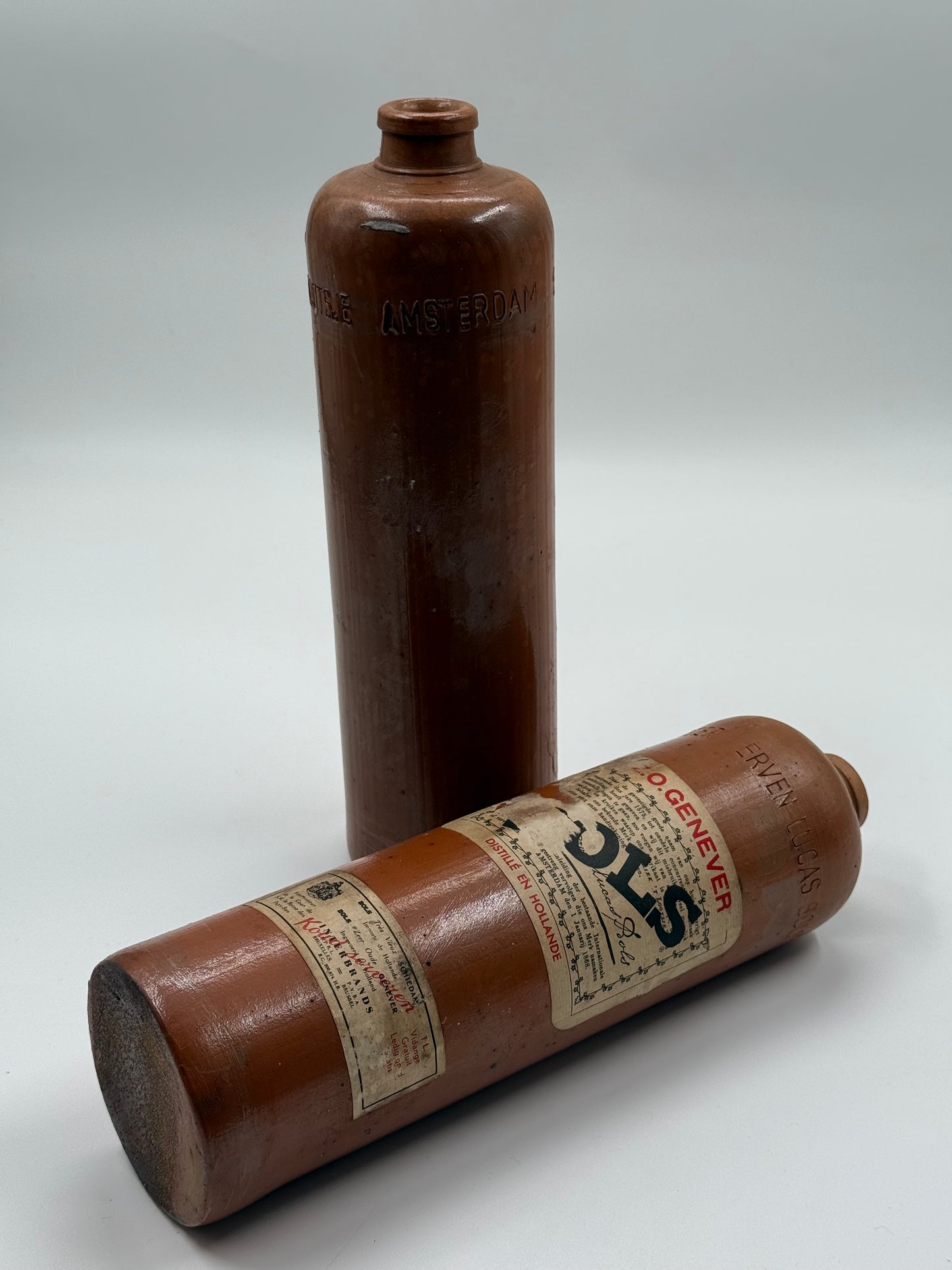 Pair of Antique Dutch Genever Stoneware Bottles Amsterdam & Lucas Bols