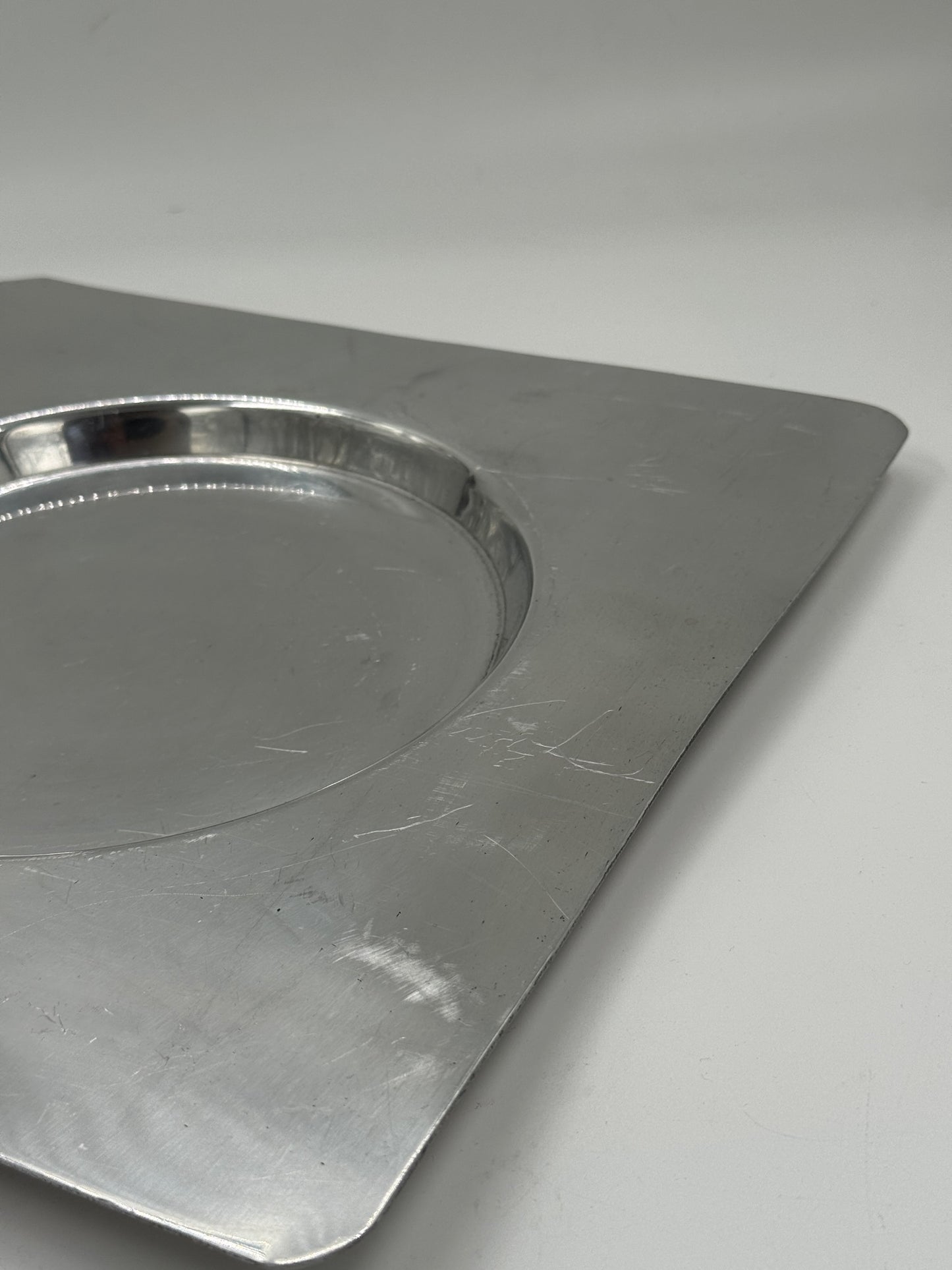 Vintage Modernist Square Stainless Steel Tray with Round Center Well