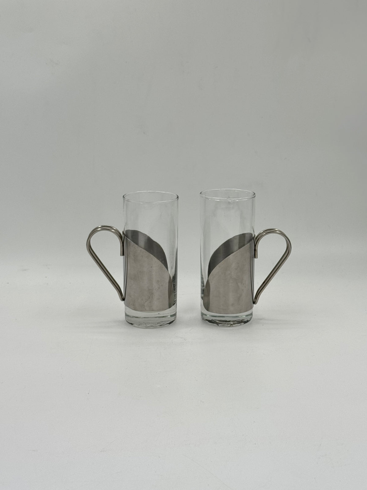 Pair of Vintage Glass Tumblers with Metal Sleeve and Wire Handle