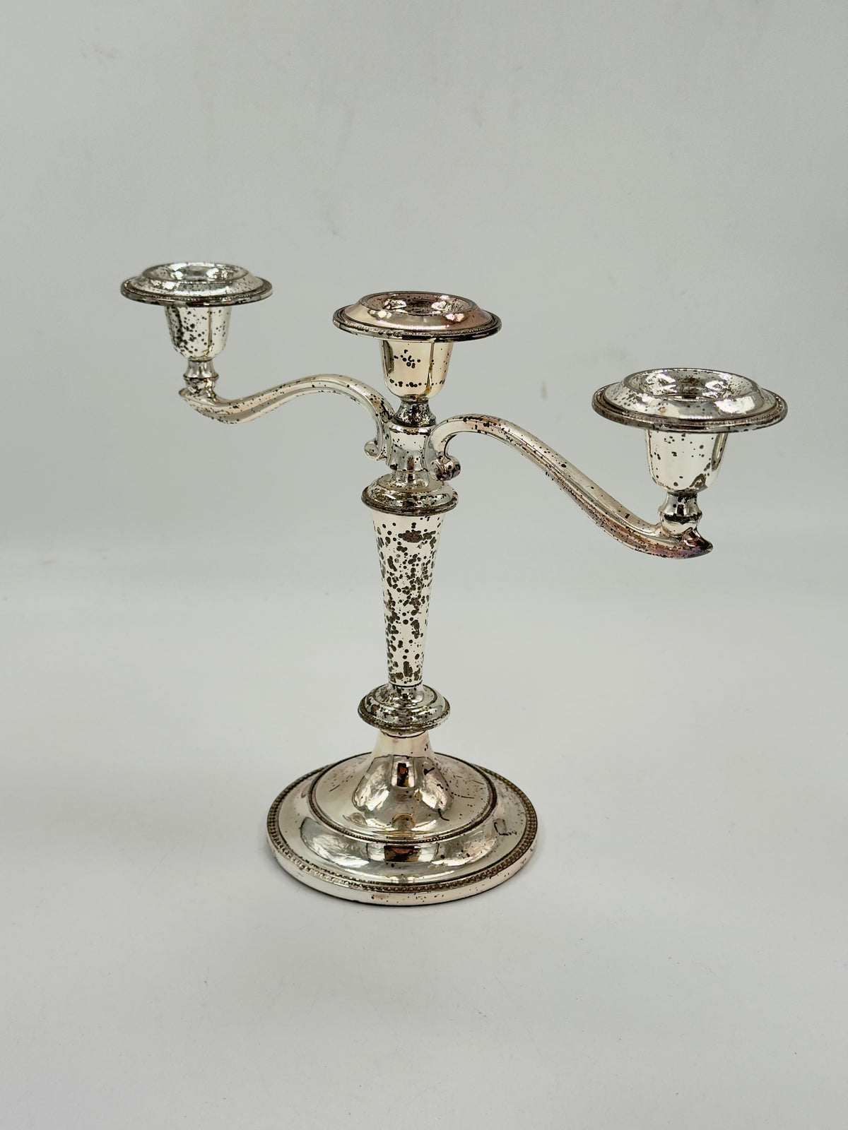 Vintage Silver-Plated Three-Light Candelabra with Beaded Rims