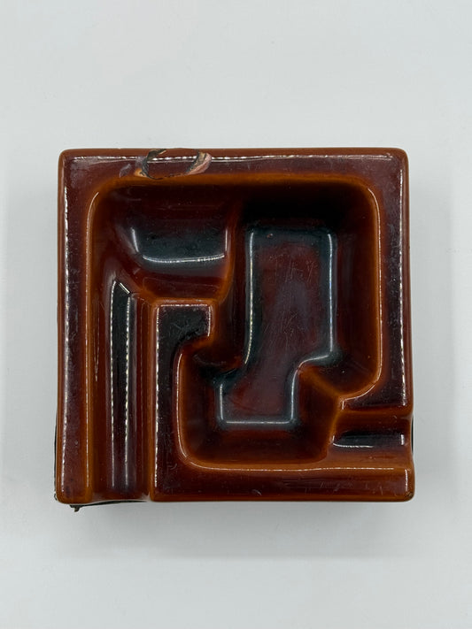 Geometric Brown Glazed Ashtray with Leather Base (1960s–70s)