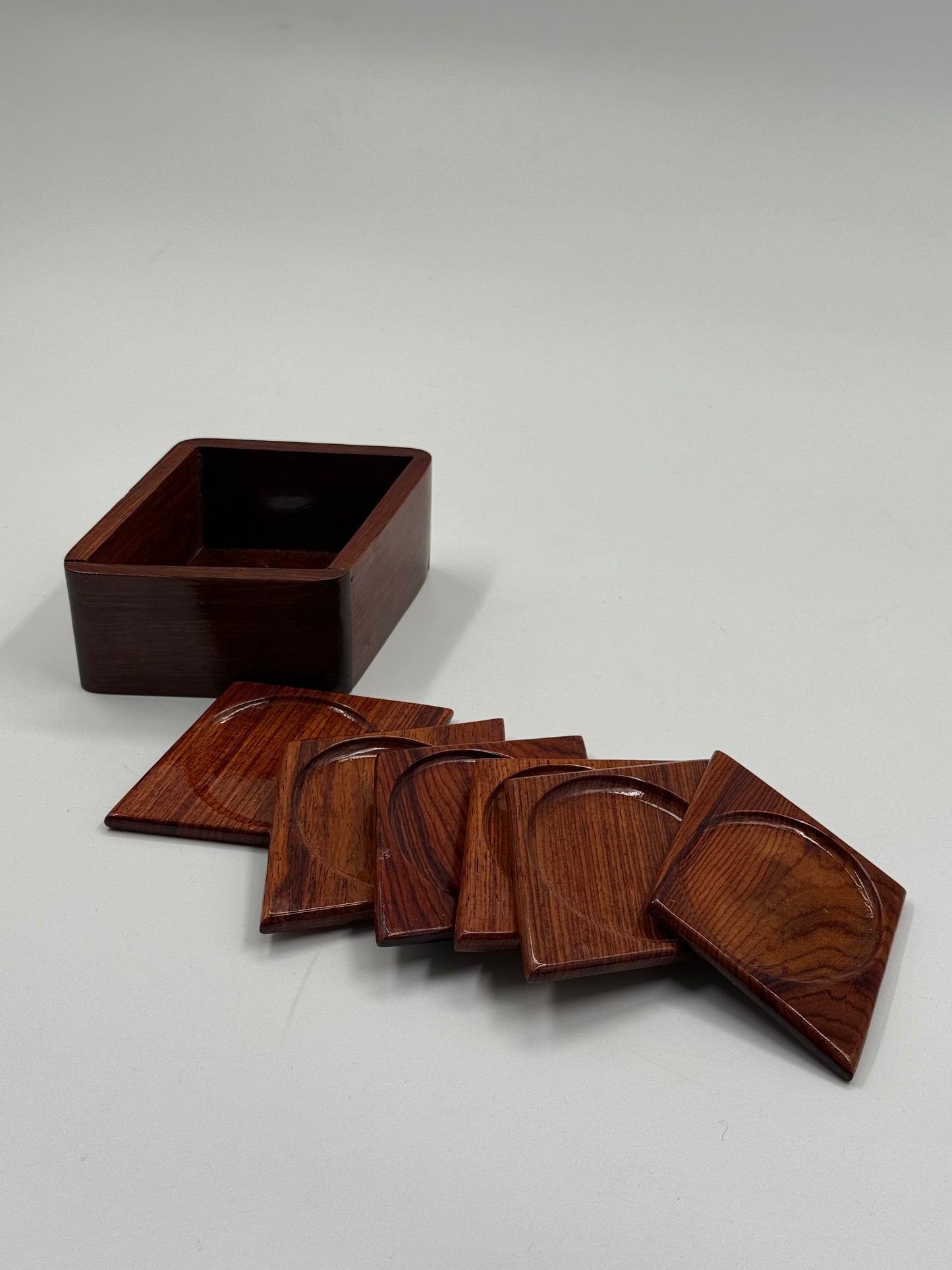 Mid-Century Wooden Coaster Set with Storage Box