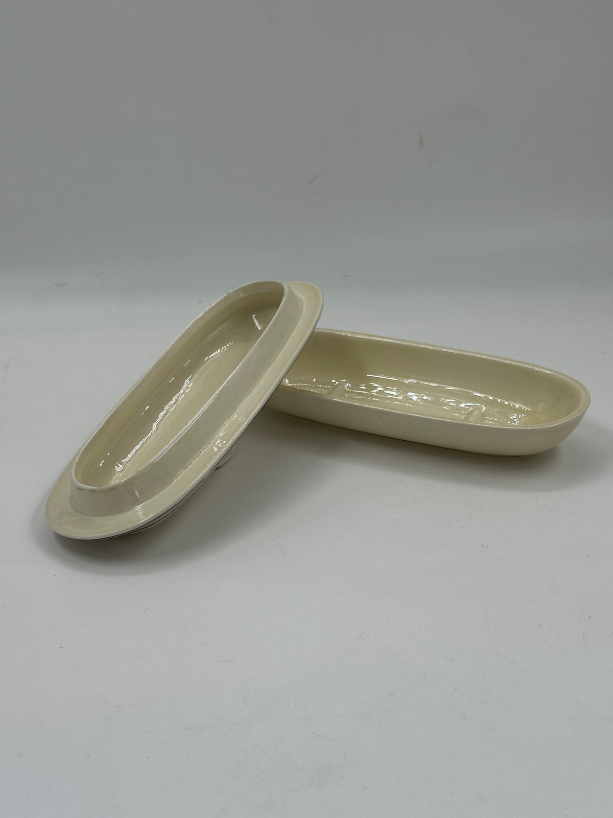 Vintage Art Deco Ivory Ceramic Butter Dish with Platinum Stripes